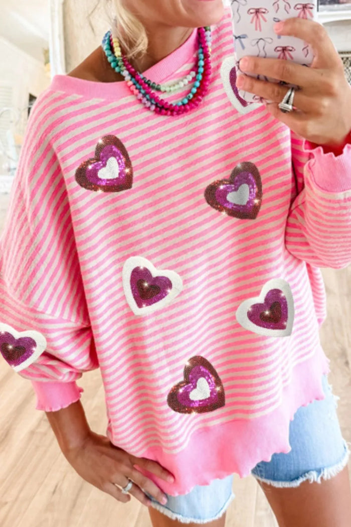 Valentine’s Day Sequin Heart Striped Round Neck Long Sleeve Sweatshirt - Lilixa.store