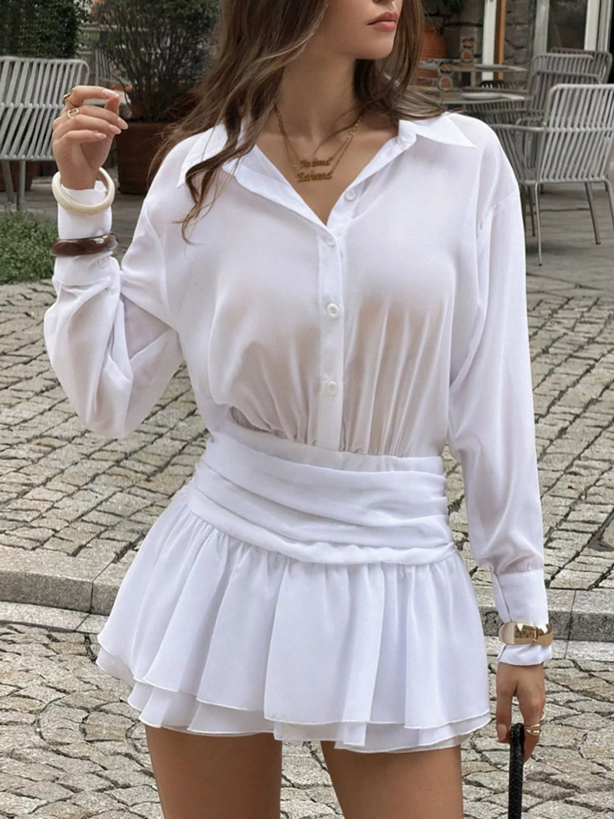Ruched Waist Layered Ruffle Hem Shirt Dress - Lilixa.store