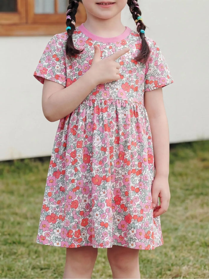 Children's Floral Print Short Sleeve A-Line Dress - Lilixa.store