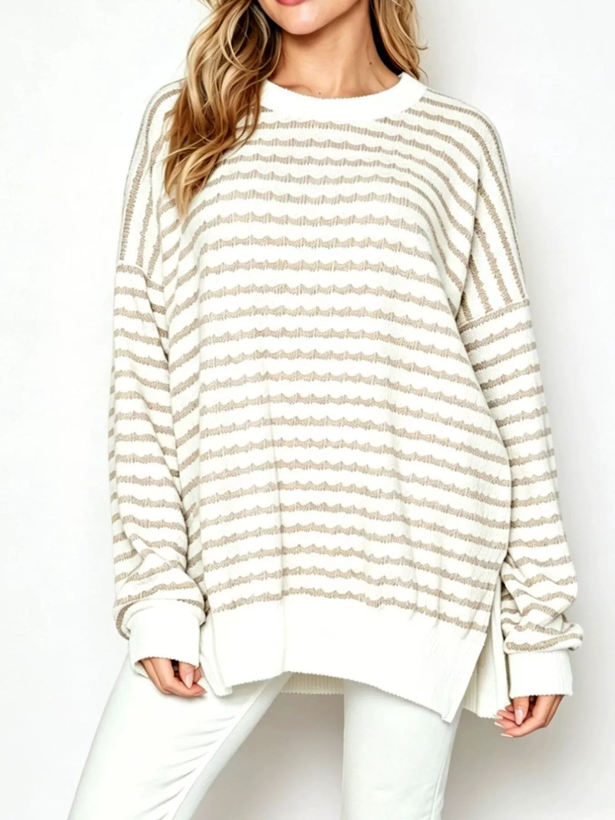 Oversized Striped Crew Neck Sweatshirt in Khaki