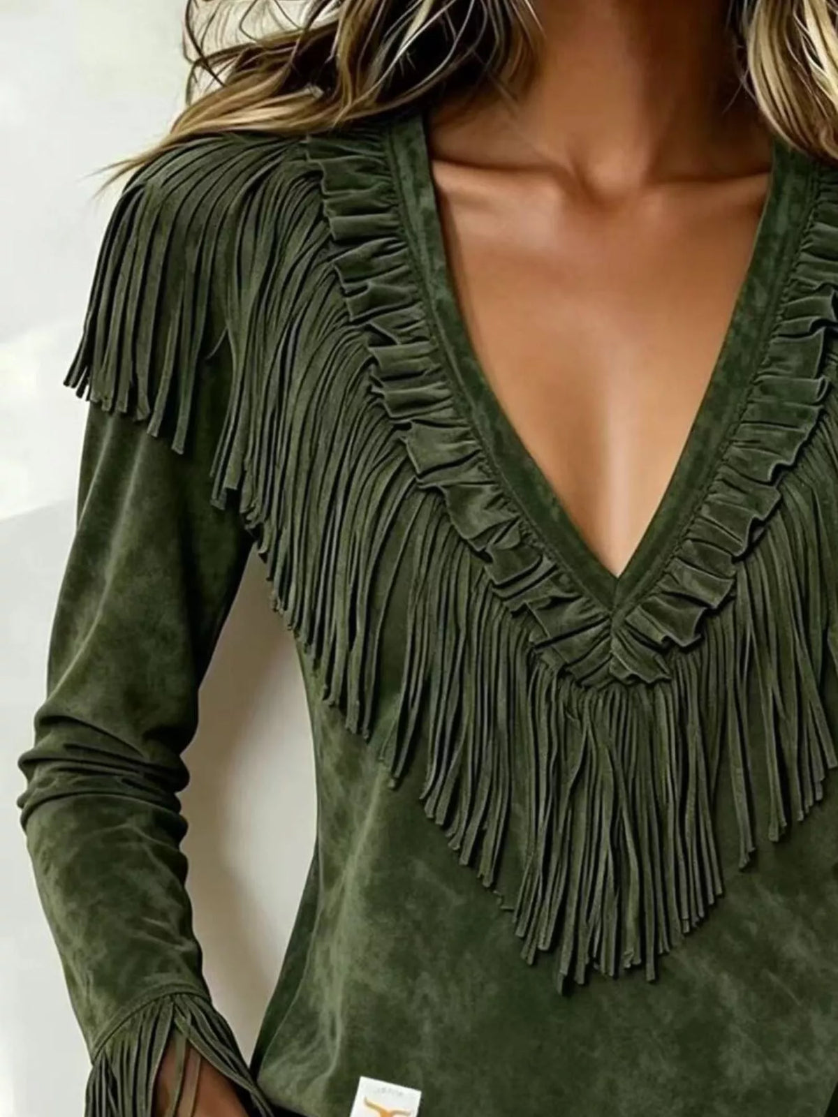Fringed V-Neck Blouse