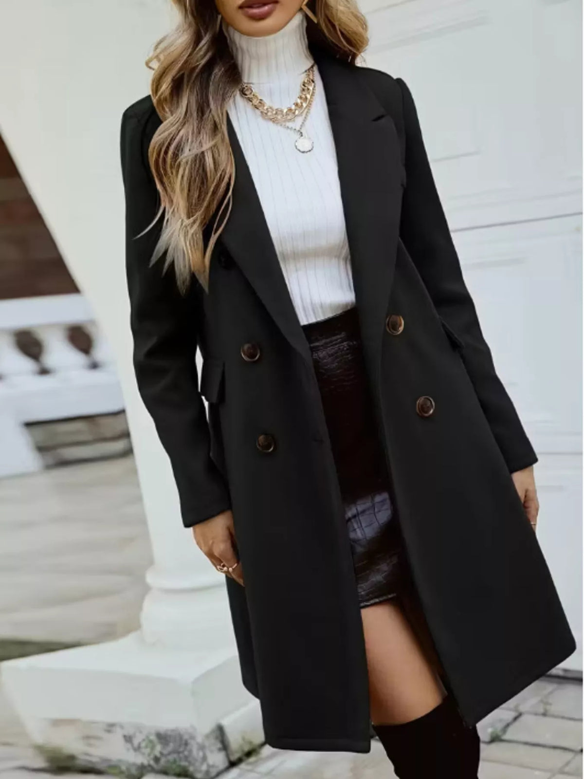 Double-Breasted Longline Coat in Black