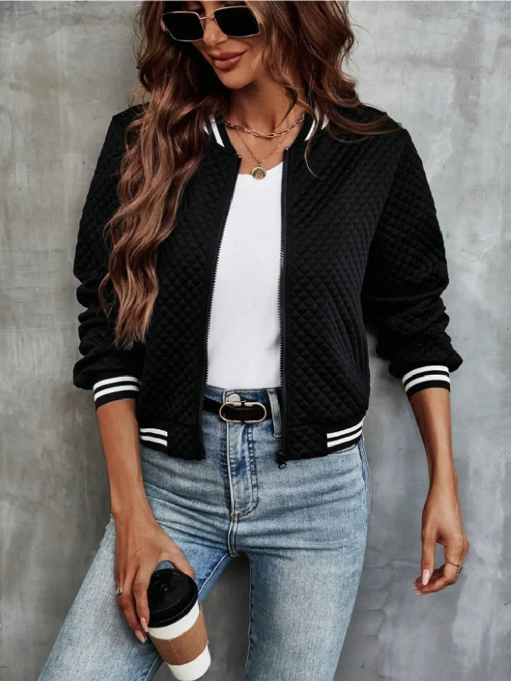 Zip Up Long Sleeve Jacket in Black