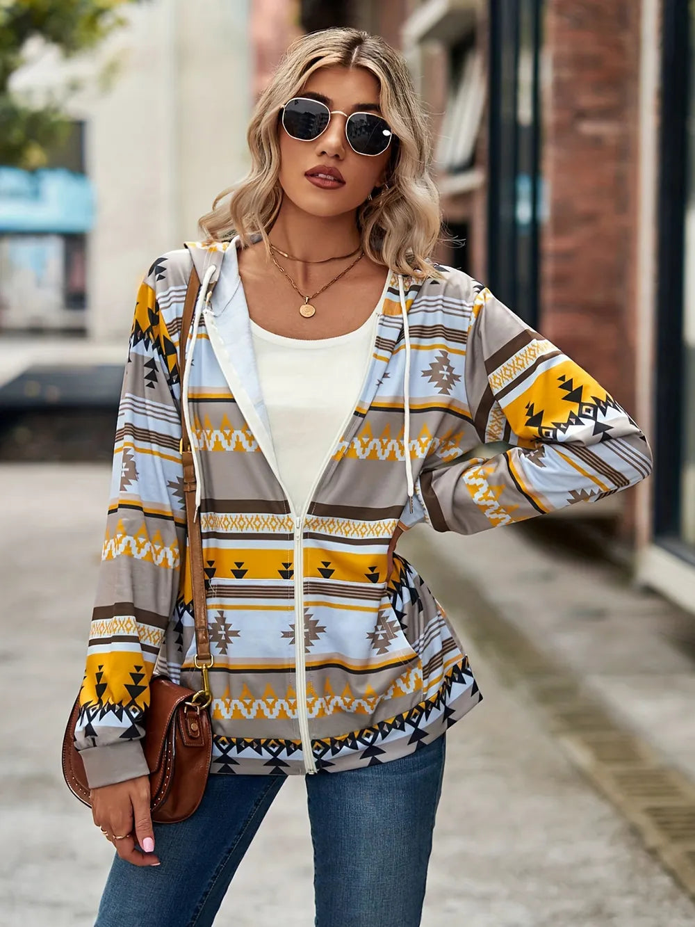 Geometric Zip Up Long Sleeve Hooded Jacket, view 15