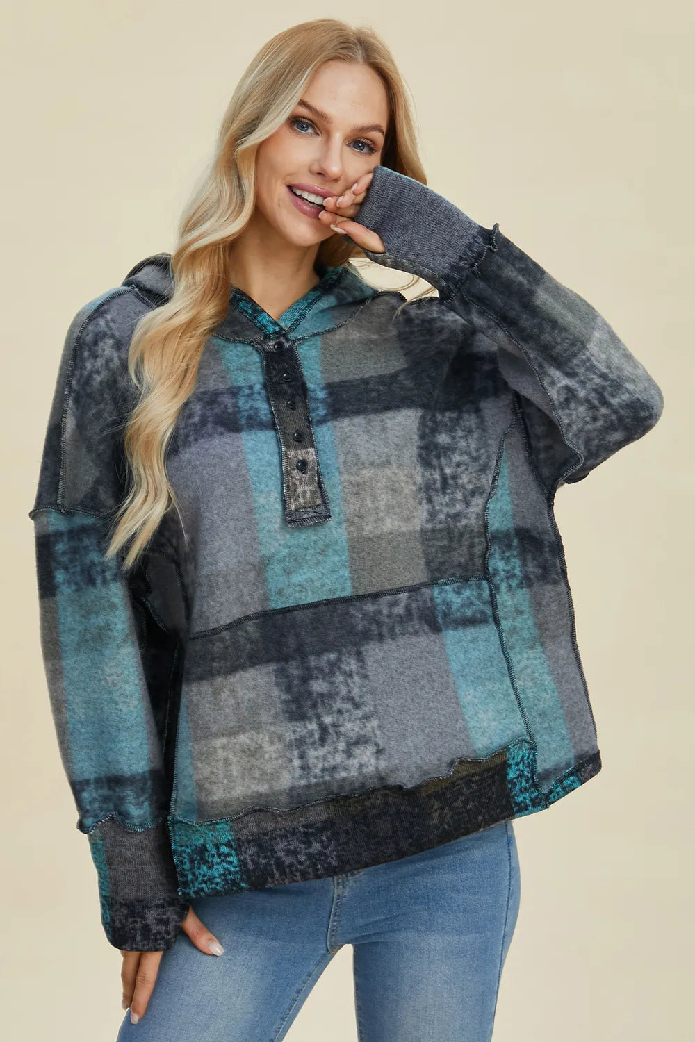Double Take Full Size Plaid Dropped Shoulder Fleece Hoodie Plus Size - Lilixa.store