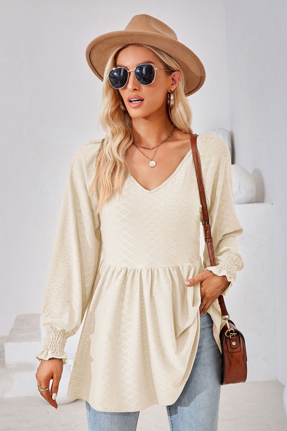 V-Neck Lantern Sleeve Blouse in Cream