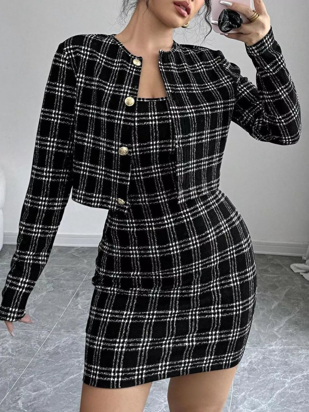 Plaid Tweed Crop Outerwear and Bodycon Mini Dress Two-Piece Set - Lilixa.store