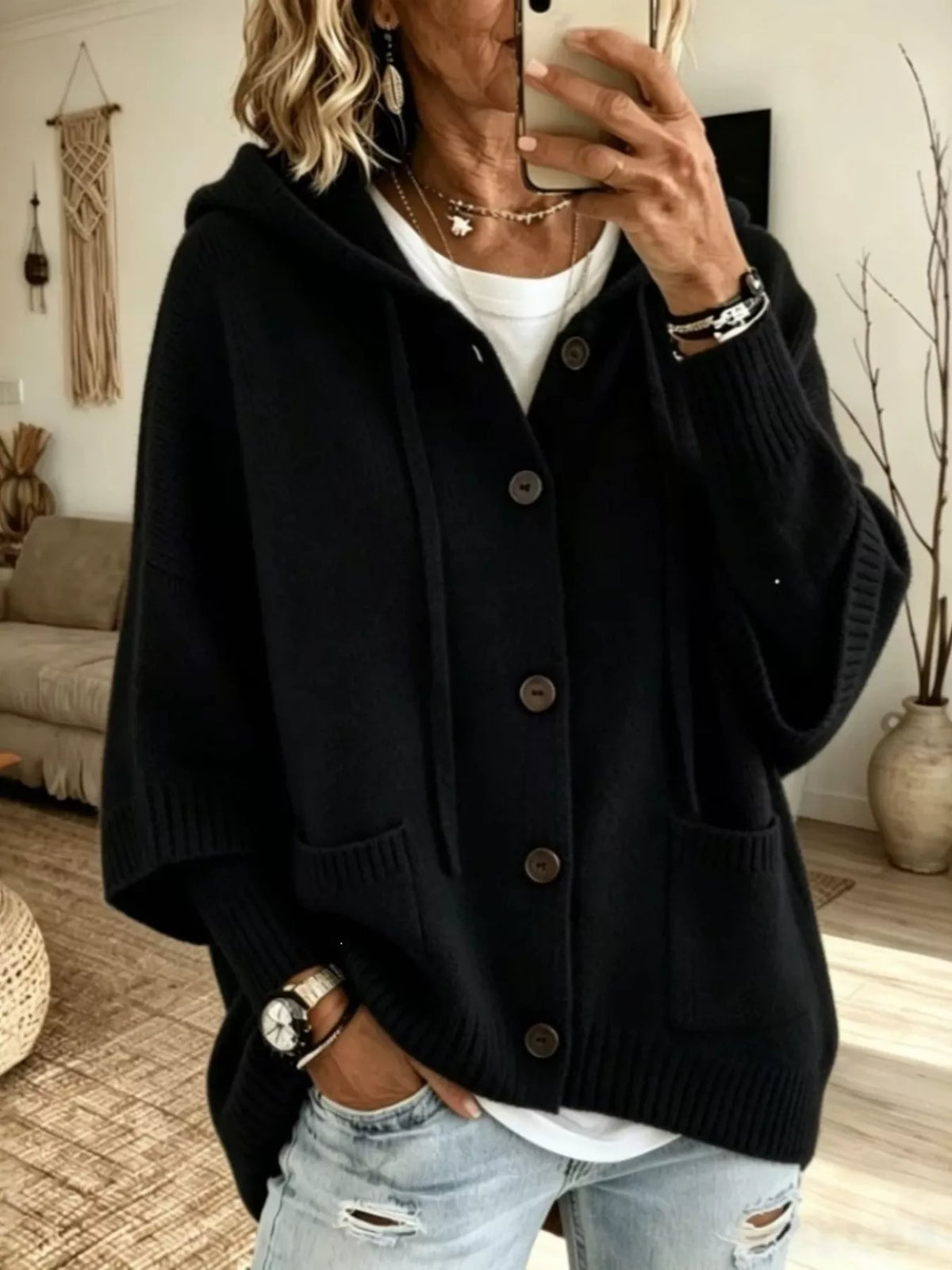 Hooded Button-Down Knit Cardigan - Lilixa.store