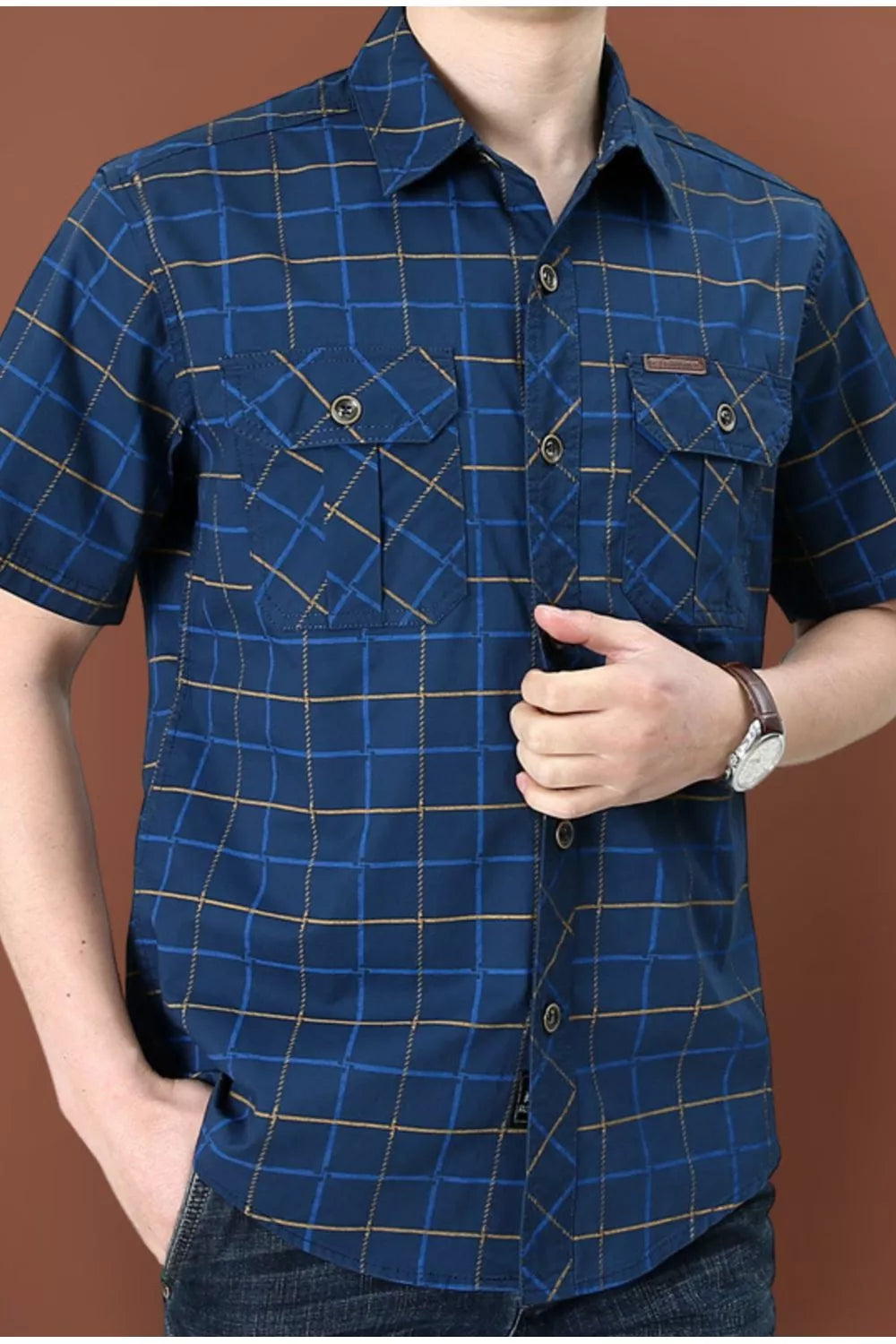 Men's Plaid Short Sleeve Casual Shirt Plus Size in Royal Blue