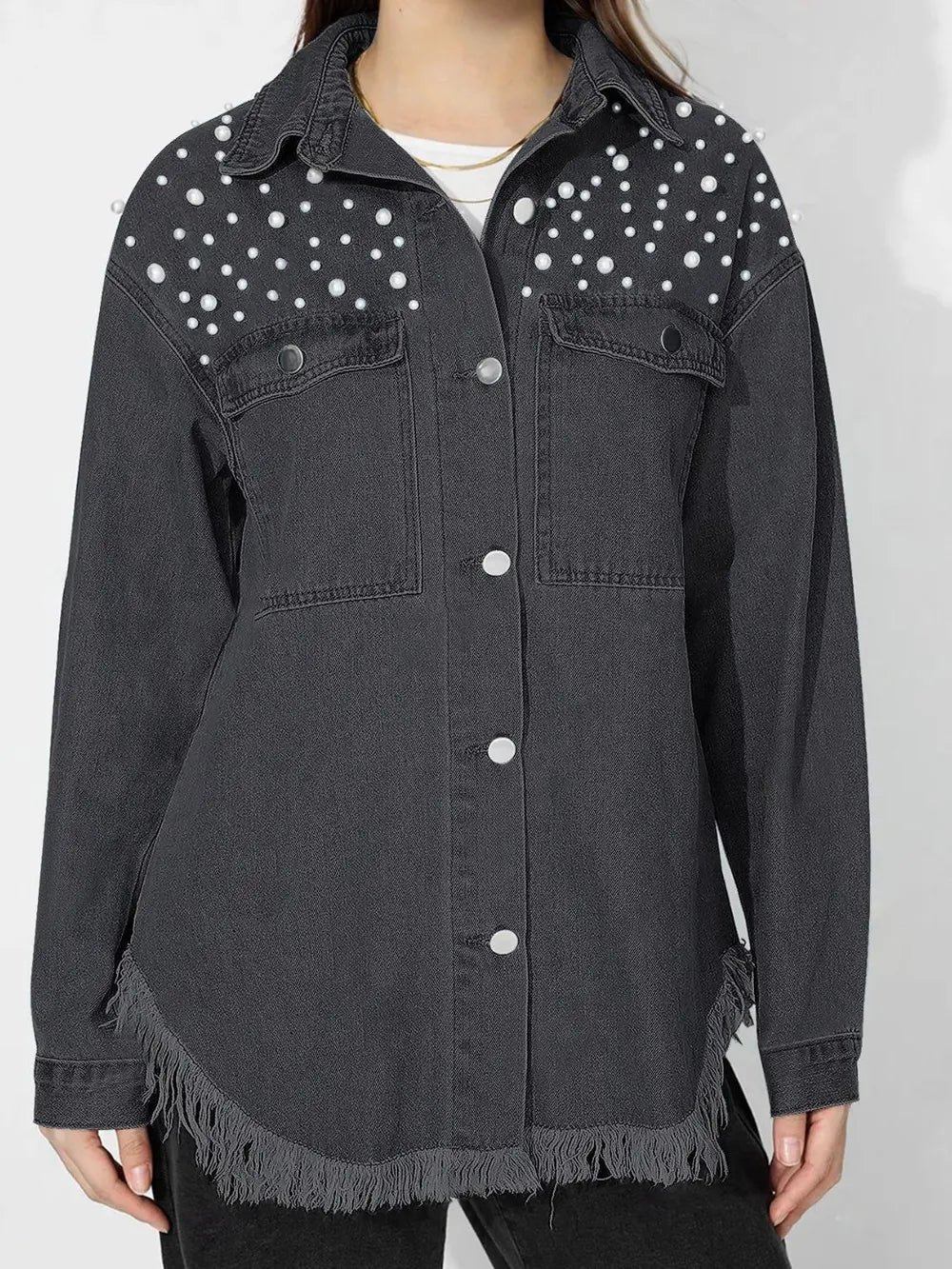 Raw Hem Pearl Trim Collared Neck Denim Top - Lilixa.store