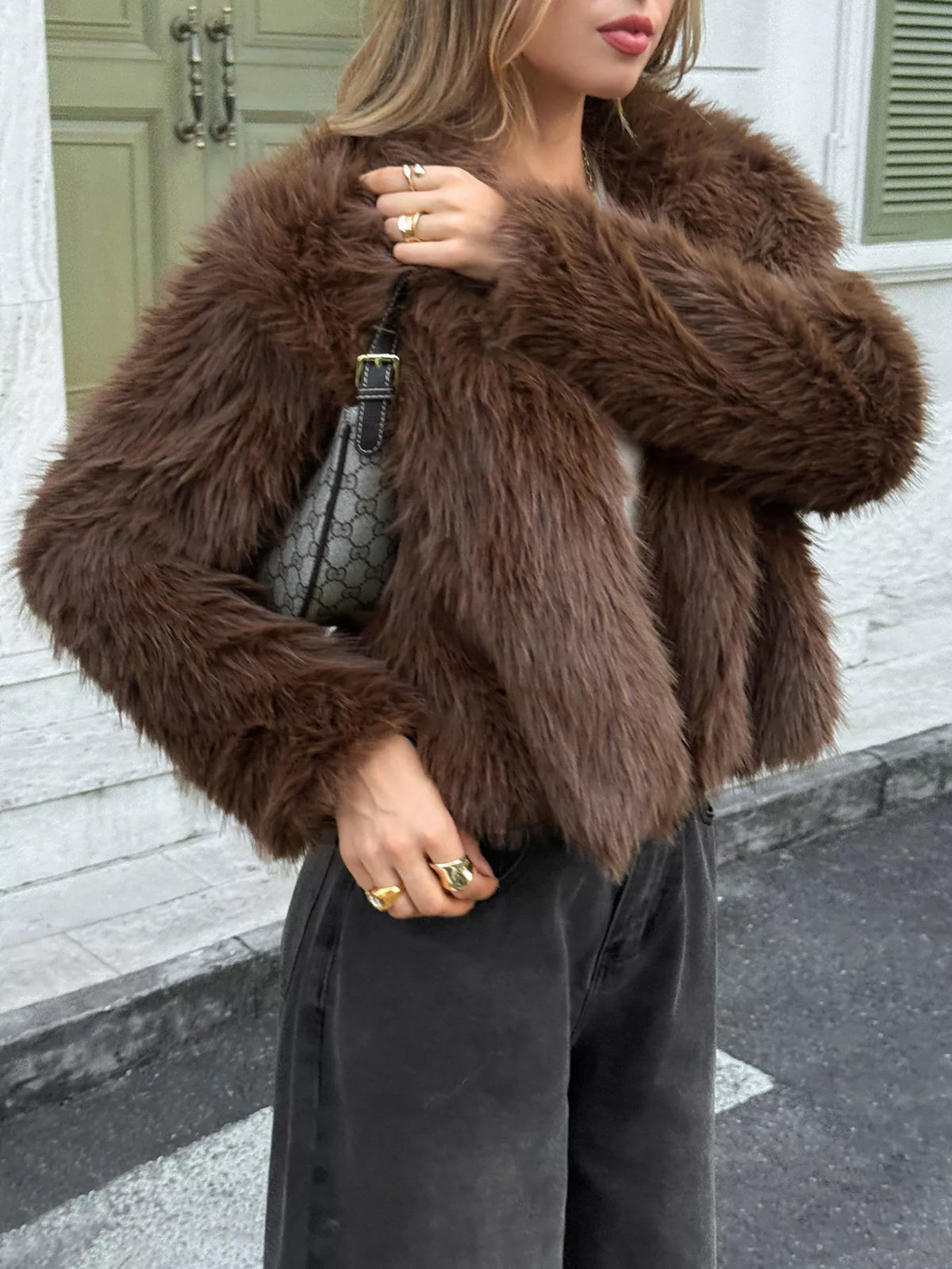 Open Front Faux Fur Cropped Jacket in Brown, view 3