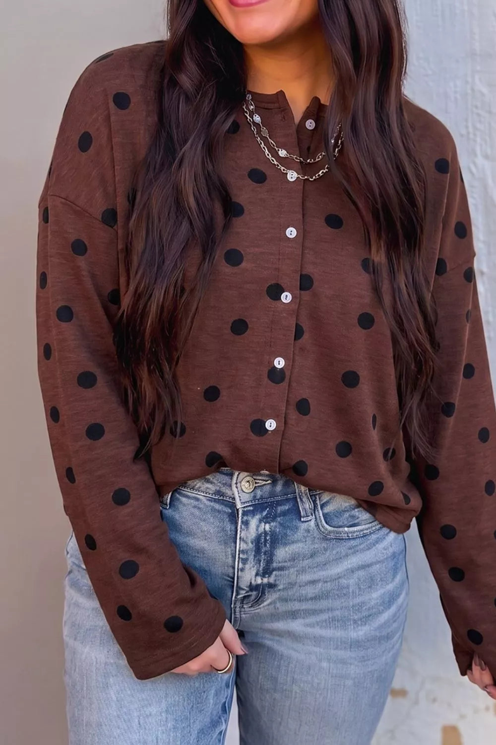 Polka Dot Button Front Long Sleeve Casual Shirt