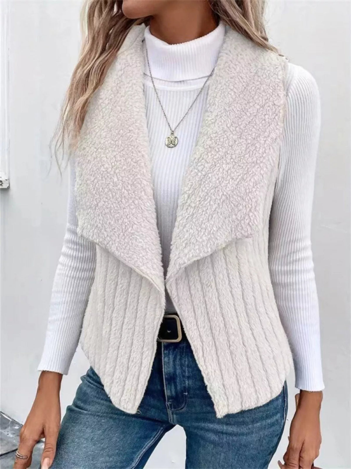 Cozy Fleece Open Front Vest Coat in White
