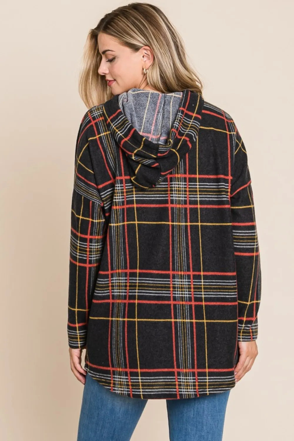 BOMBOM Drawstring Plaid Long Sleeve Hoodie - Lilixa.store