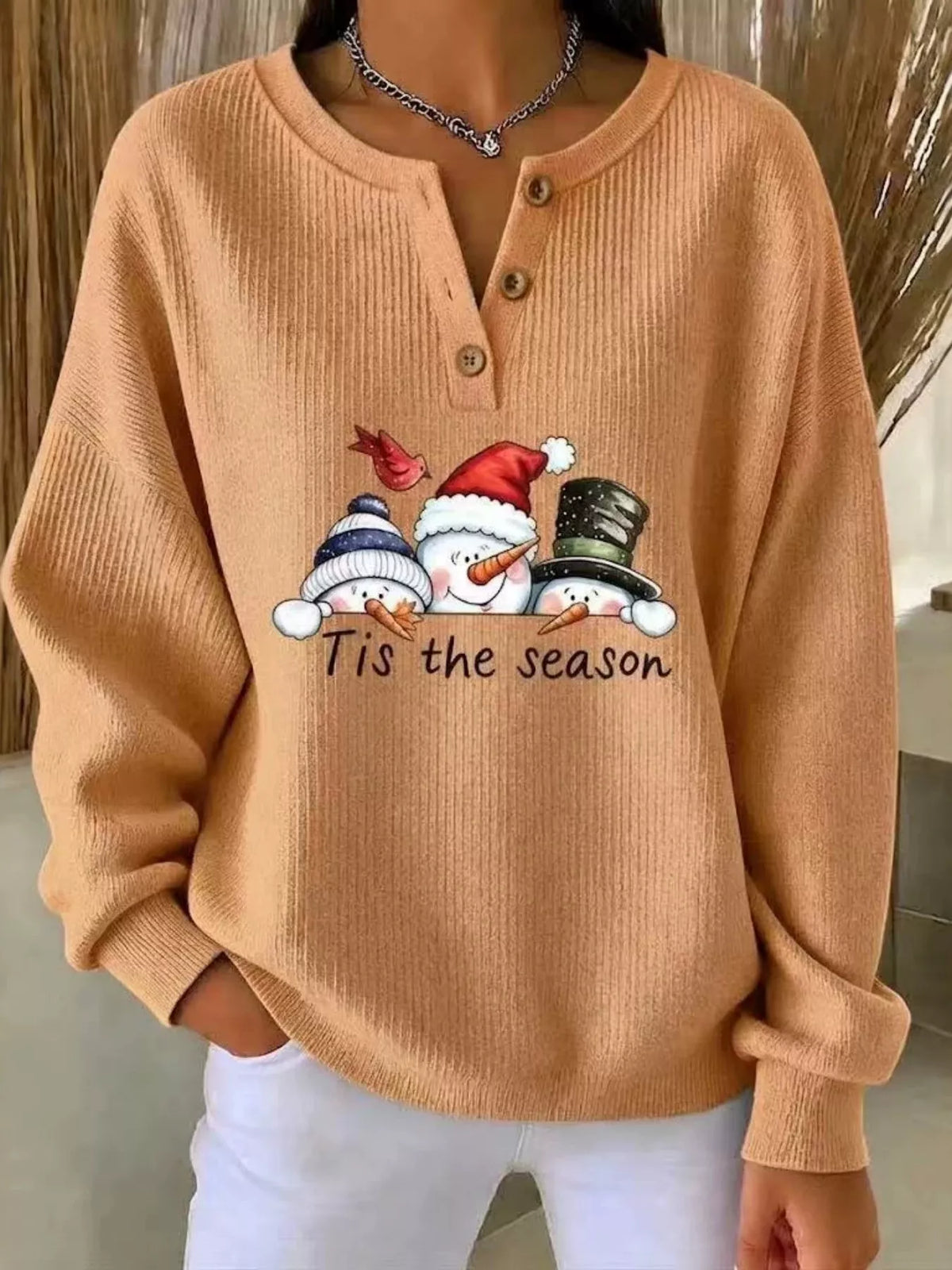 Full Size Christmas Themed Snowman Graphic Ribbed Henley Sweatshirt Plus Size in Sherbet