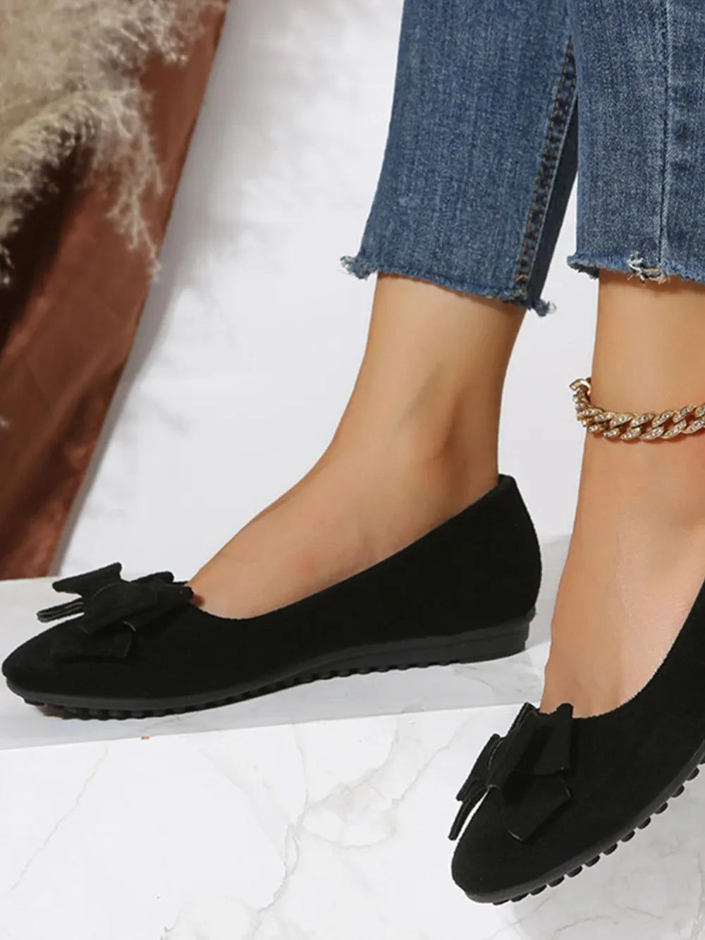 Bow Solid Color Round Toe Flat Slip-Ons, view 4