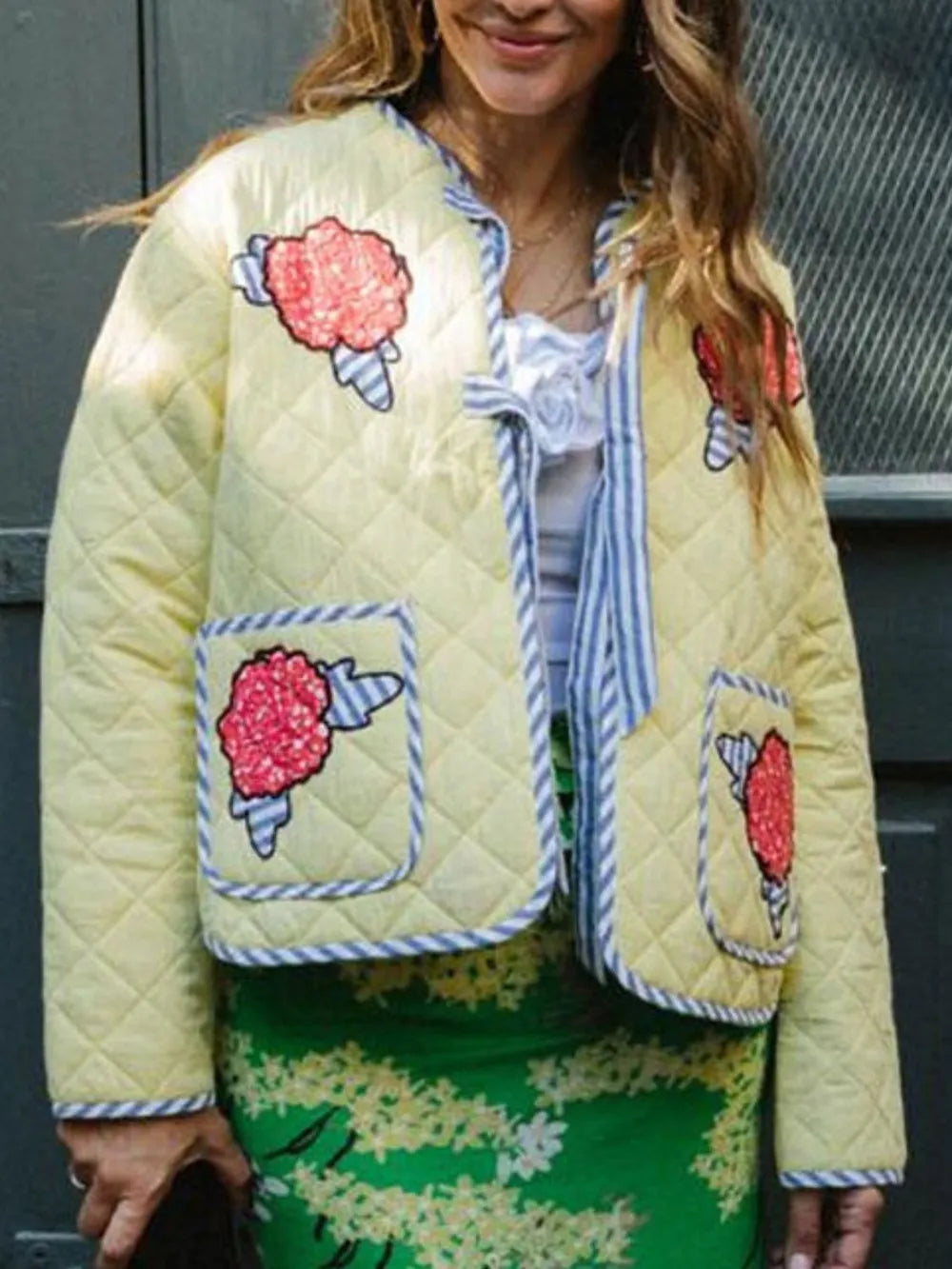 Embroidered Flower Tied Long Sleeve Winter Coat - Lilixa.store