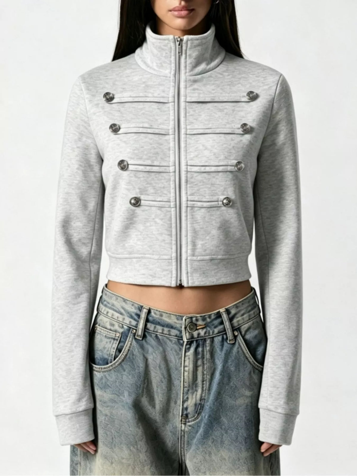 Cropped Zip-Up Outerwear with Decorative Buttons - Lilixa.store