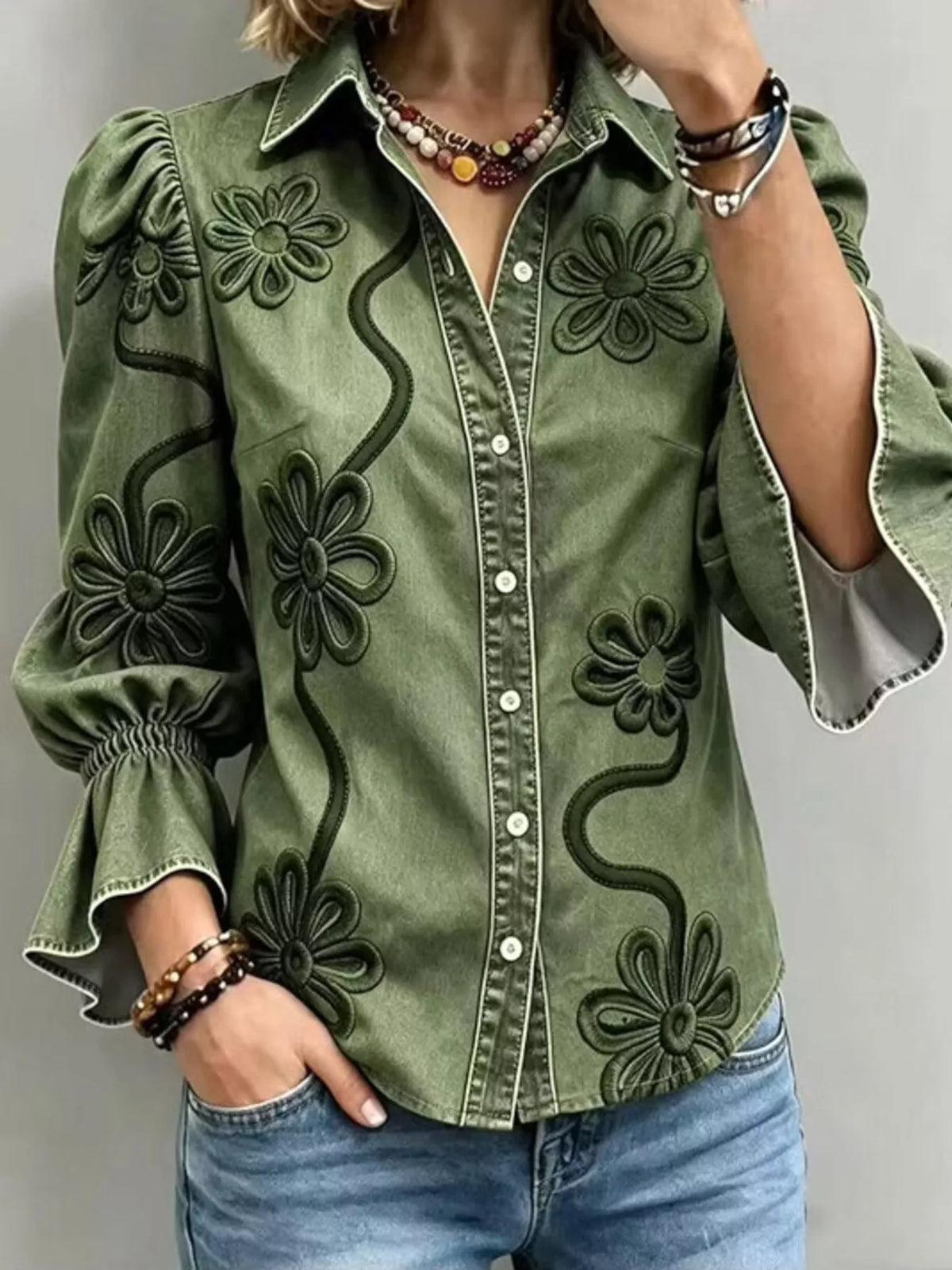 Full Size Denim Lock Floral Embroidered Shirt Plus Size in Moss