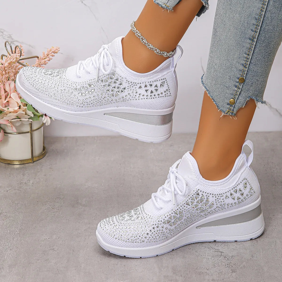Breathable Mesh Rhinestone Wedge Athletic Sneakers - Lilixa.store