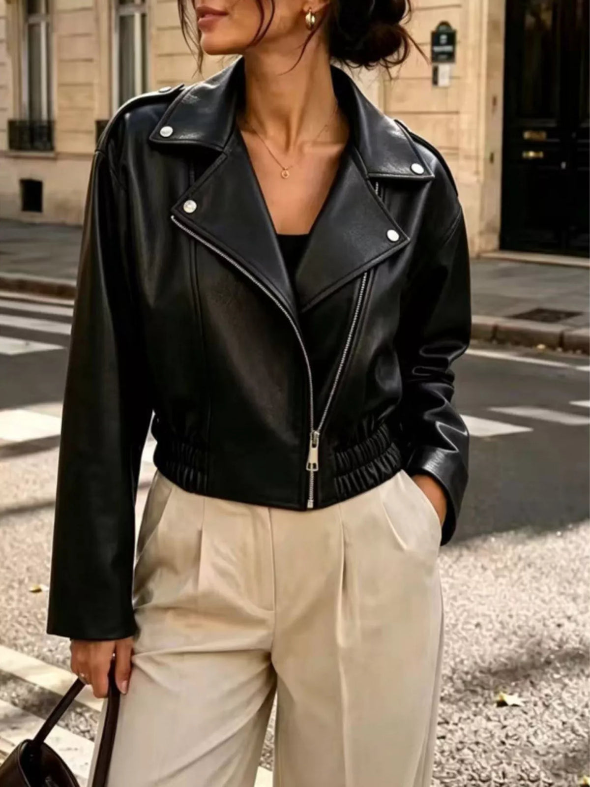 Faux Leather Cropped Biker Jacket in Black