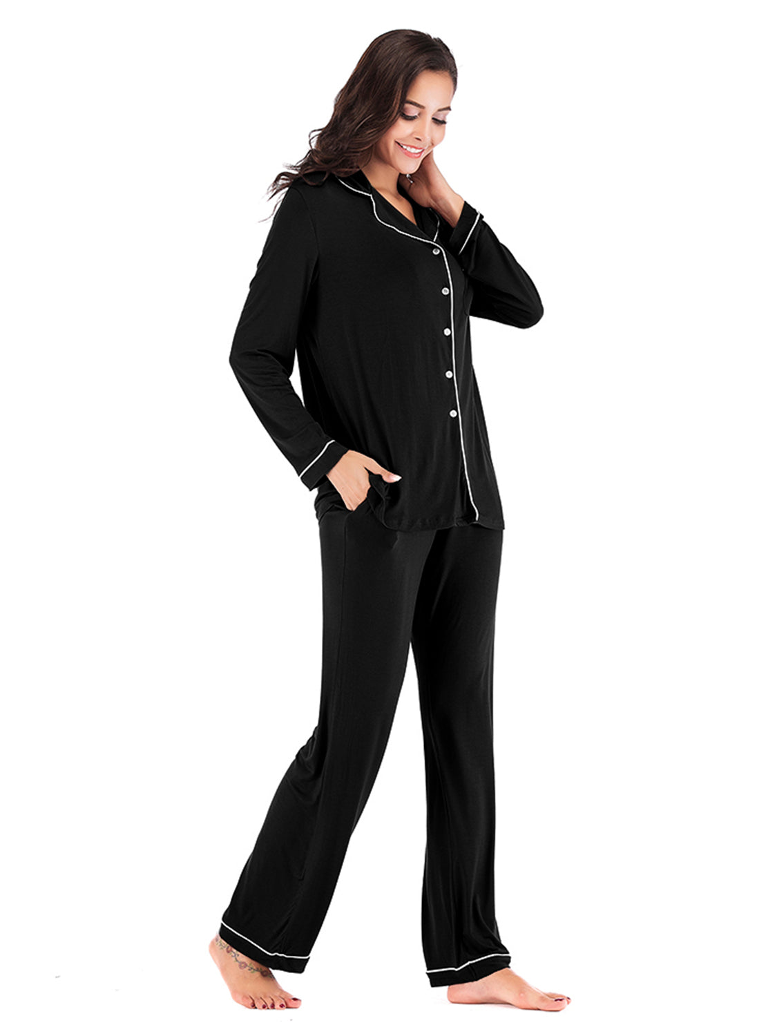 Collared Neck Long Sleeve Loungewear Set with Pockets - Lilixa.store
