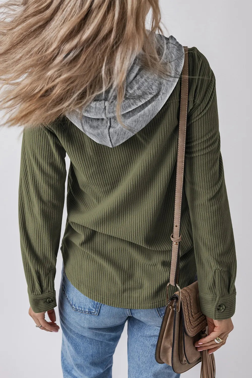 Drawstring Button Up Long Sleeve Hooded Jacket, view 6