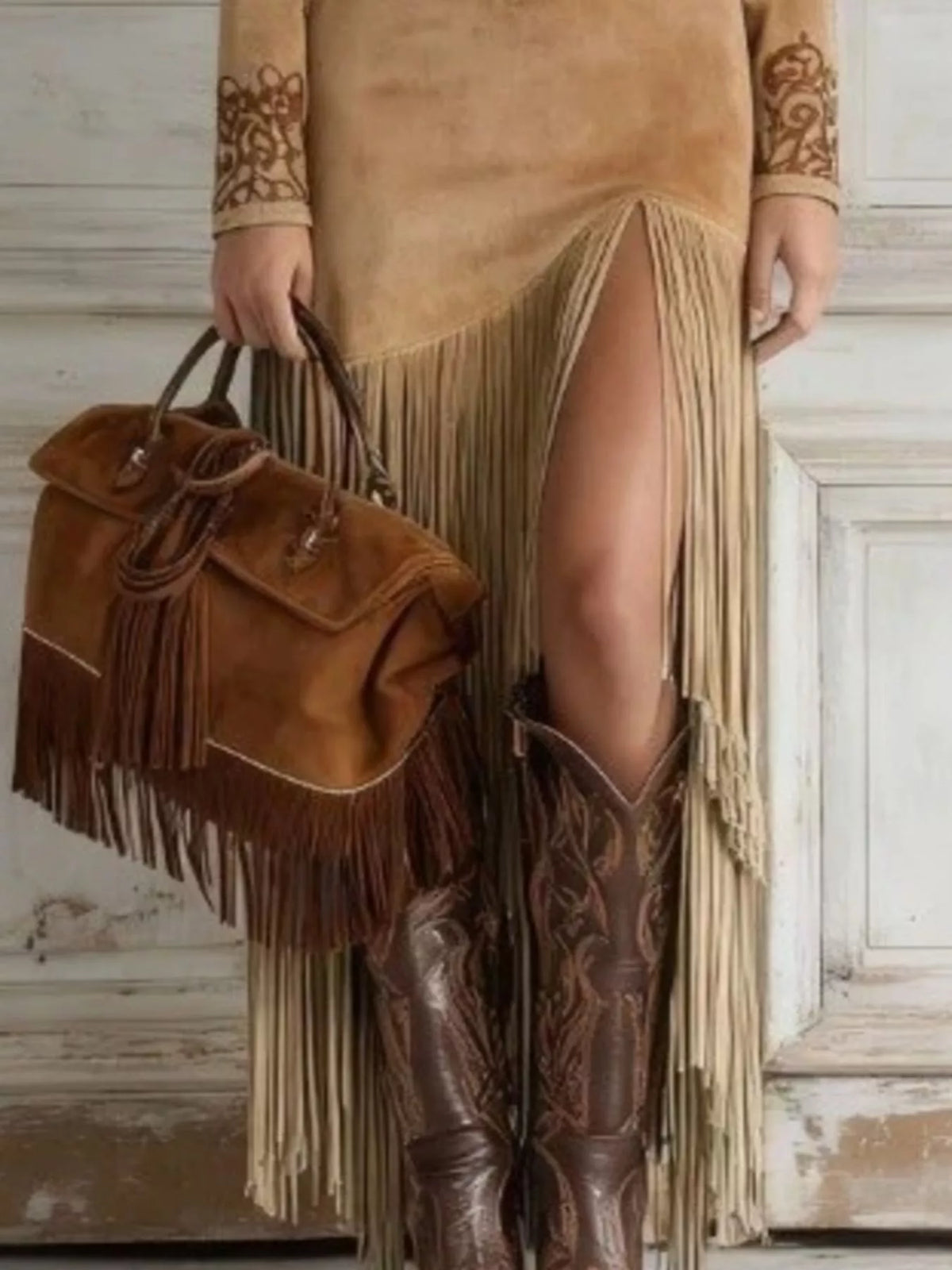 Full Size Western-Inspired Suede Fringed Maxi Dress with Embroidered Detailing Plus Size in Camel, view 3