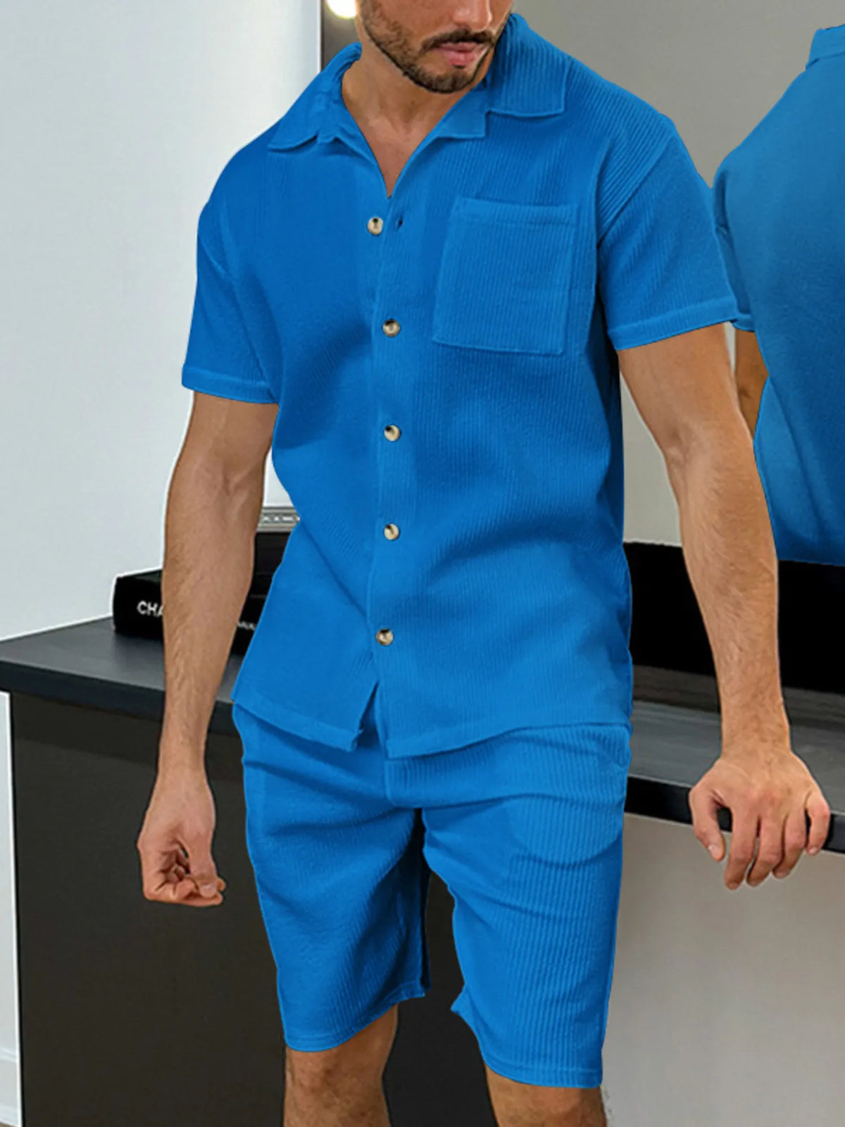 Men's Full Size Button Up Top and Shorts Set Plus Size in Blue