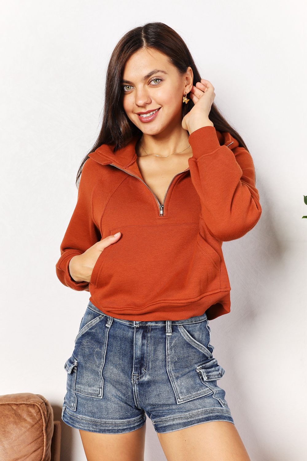 Double Take Half-Zip Long Sleeve Cropped Hoodie - Lilixa.store