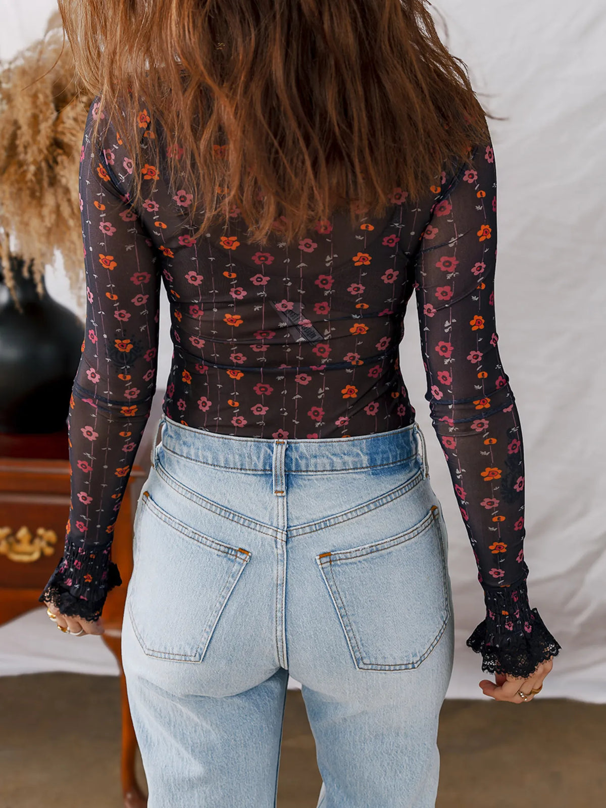 Floral Print Smocked Cuff Slim Fit Mesh Bodysuit - Lilixa.store