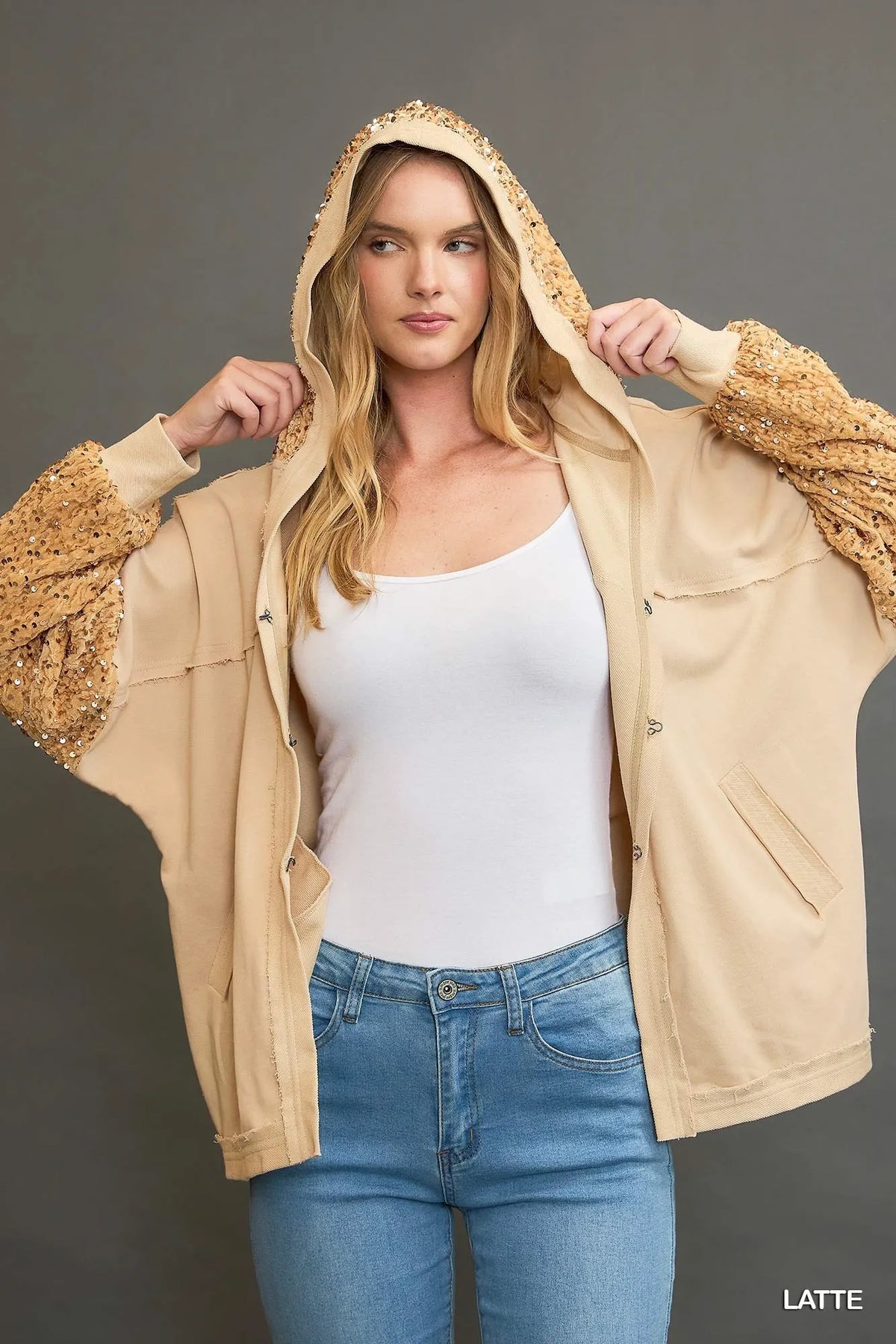 Umgee Sequined French Terry Jacket in Latte