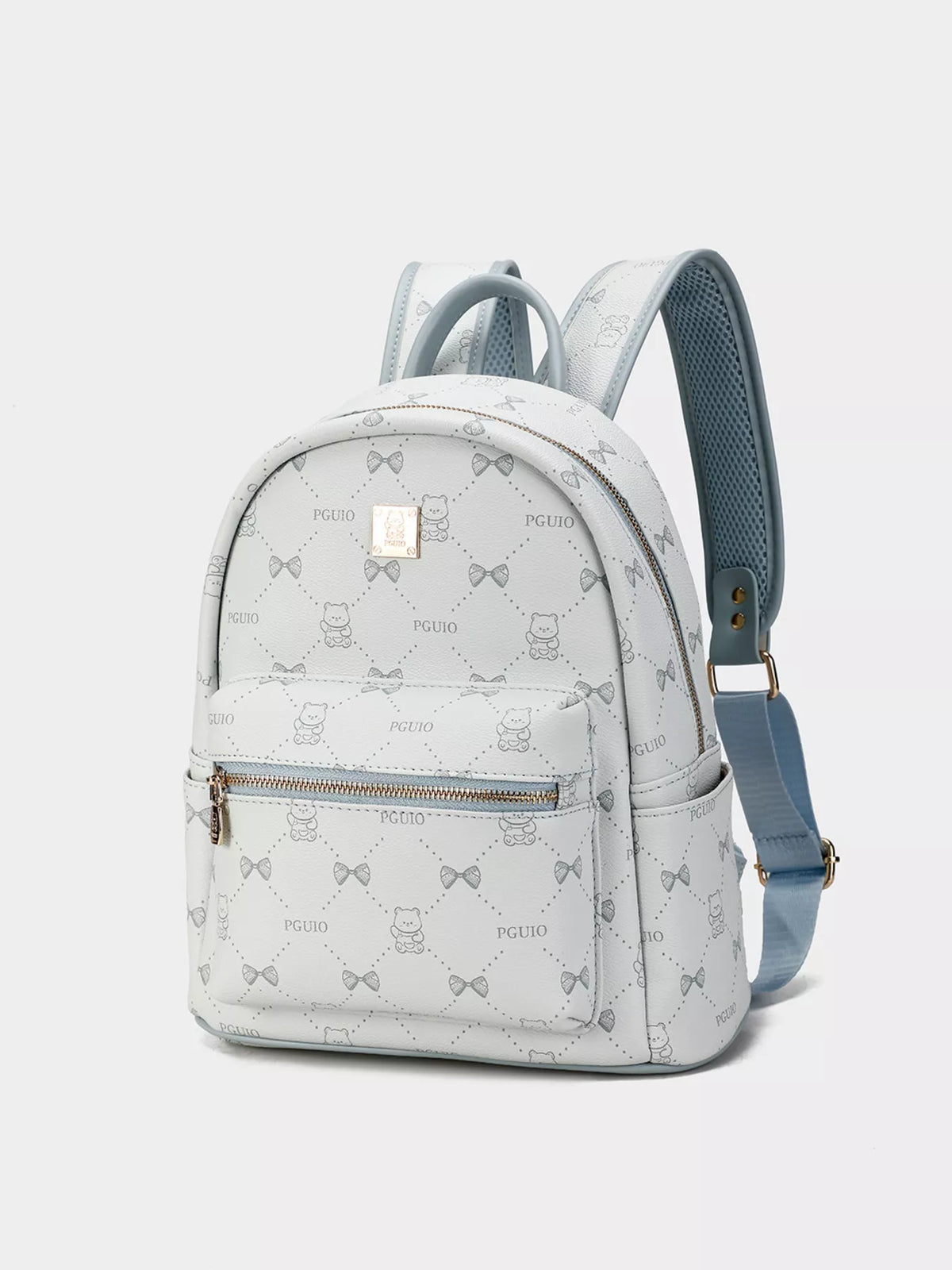 Bear Print PU Leather Backpack Bag in Light Blue