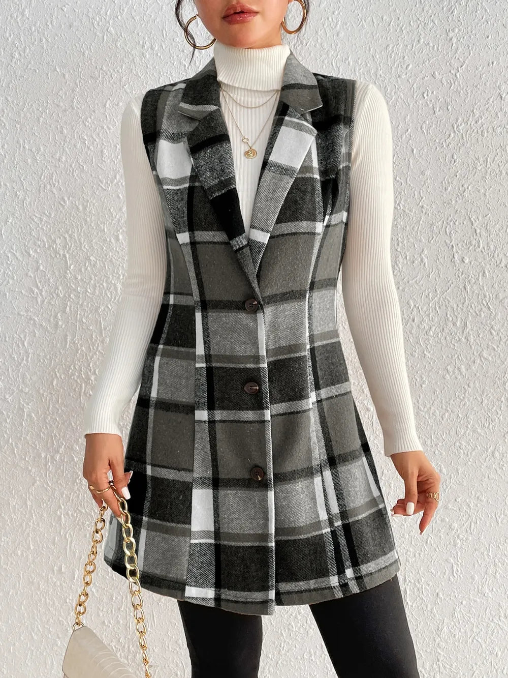 Honey Plaid Button Up Vest Coat in Black