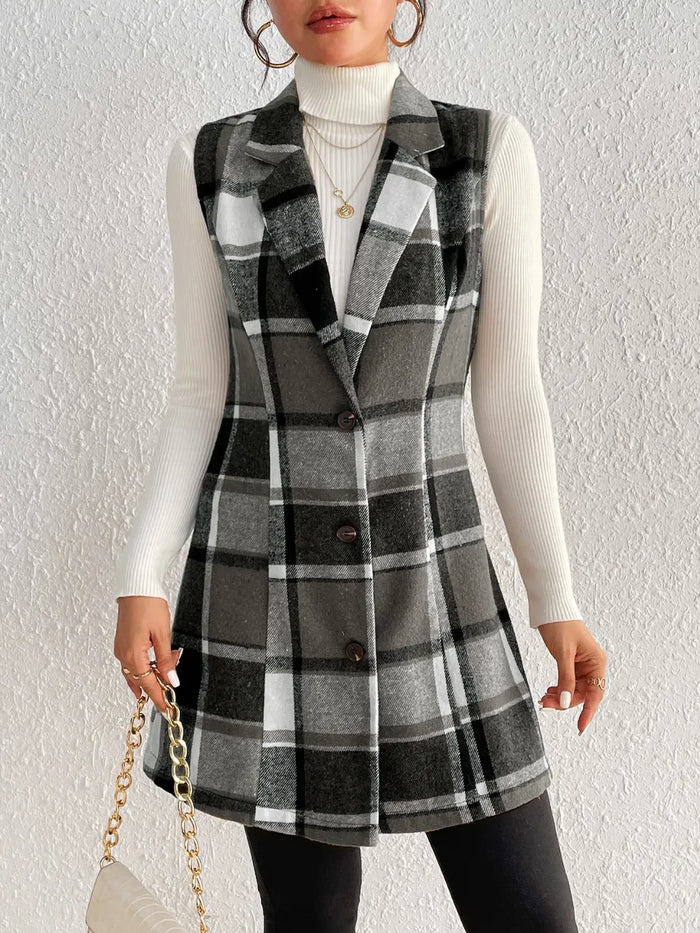 Honey Plaid Button Up Vest Coat in Black