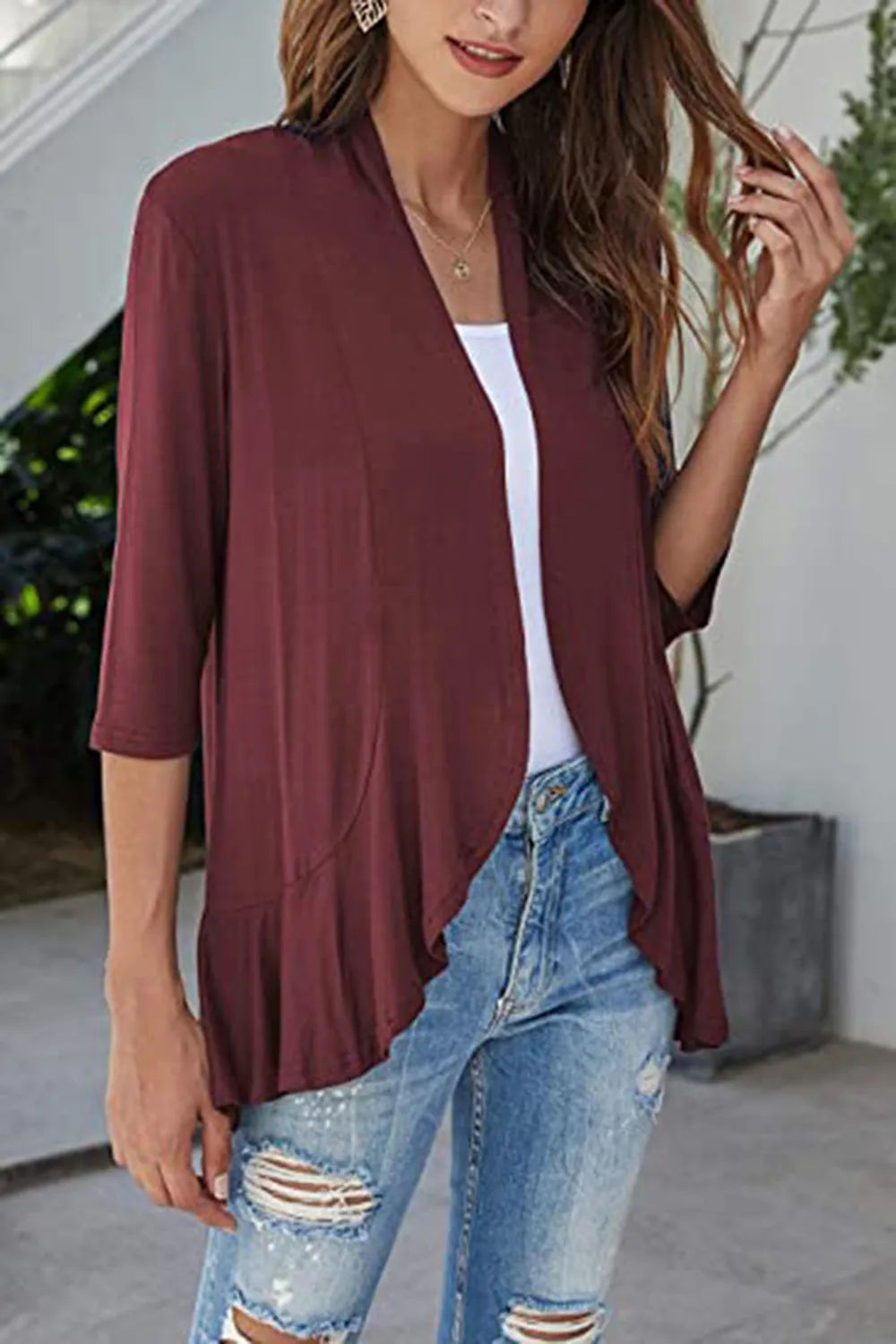 Open Front Three-Quarter Sleeve Cardigan in Burgundy