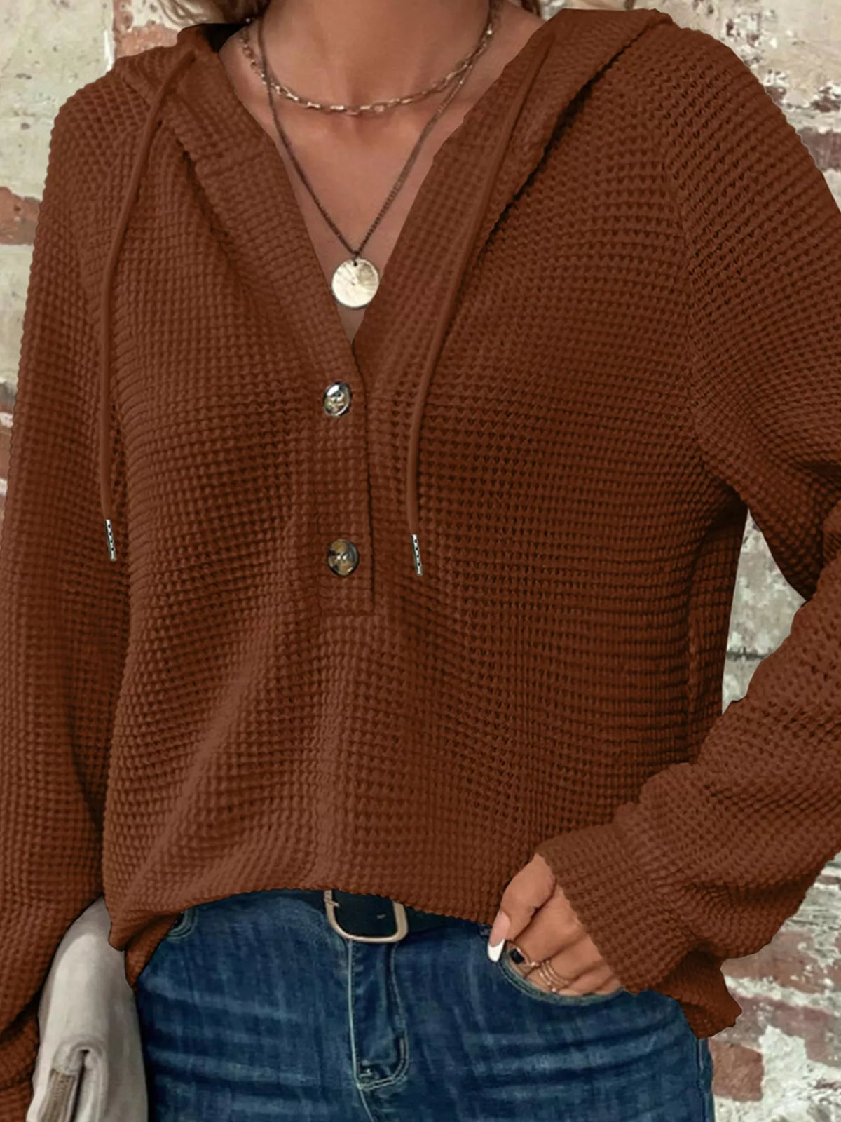 Casual Waffle Knit Button Detail Hoodie - Lilixa.store