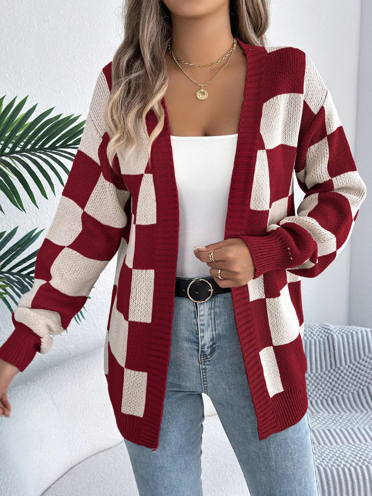 Checkerboard Pattern Open Front Knit Cardigan - Lilixa.store