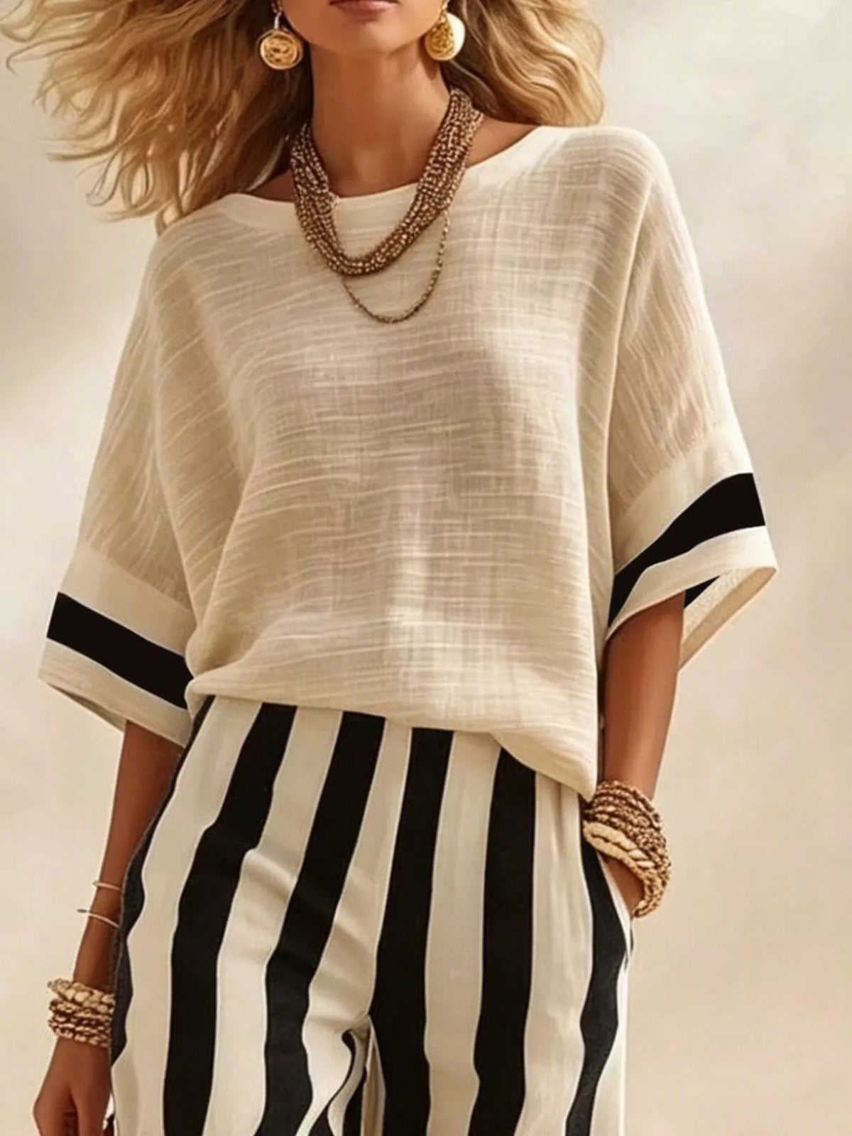 Full Size Striped Half Sleeve Top and Pants Set Plus Size - Lilixa.store