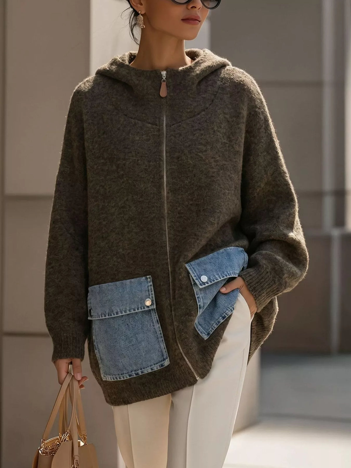 Contrast Denim Pockets Hooded Cardigan - Lilixa.store