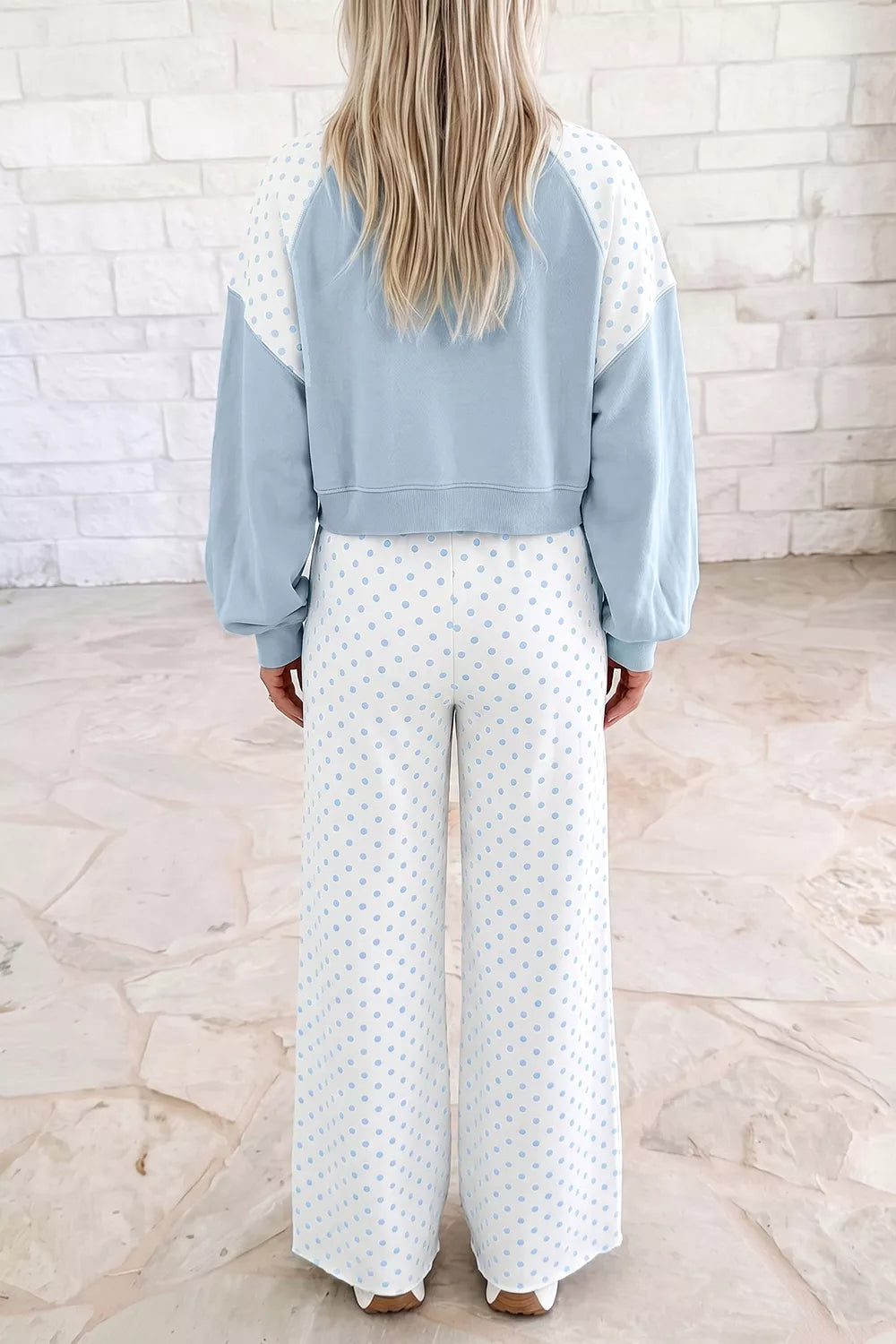 Polka Dot Cropped Sweatshirt and Wide-Leg Pants Set - Lilixa.store