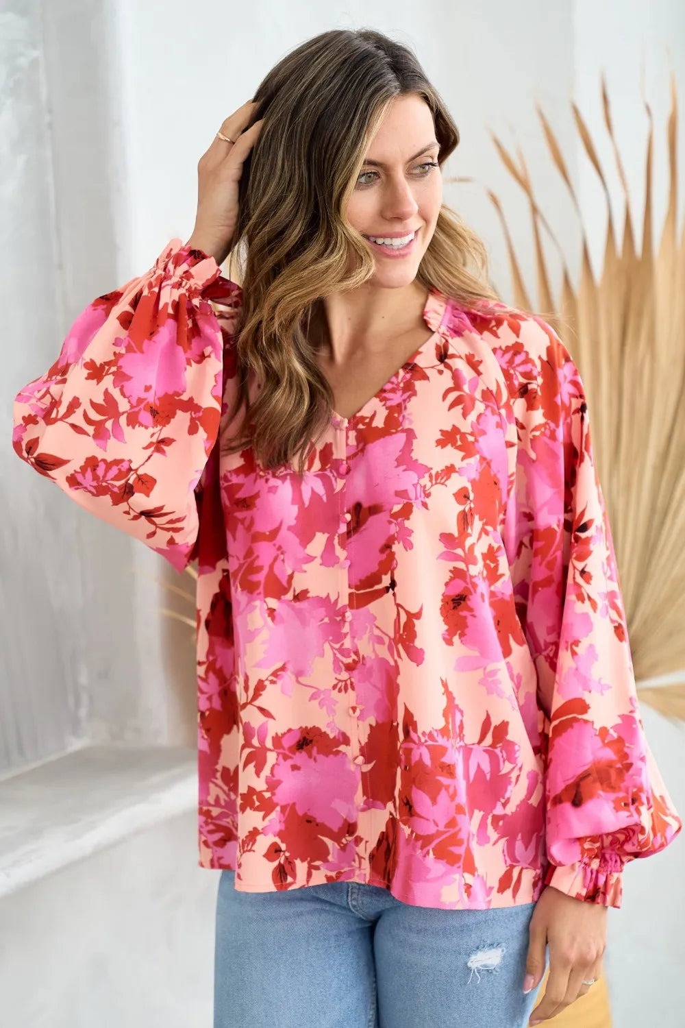 Hailey & Co Ruffle V-Neck Decor Button Floral Blouse - Lilixa.store