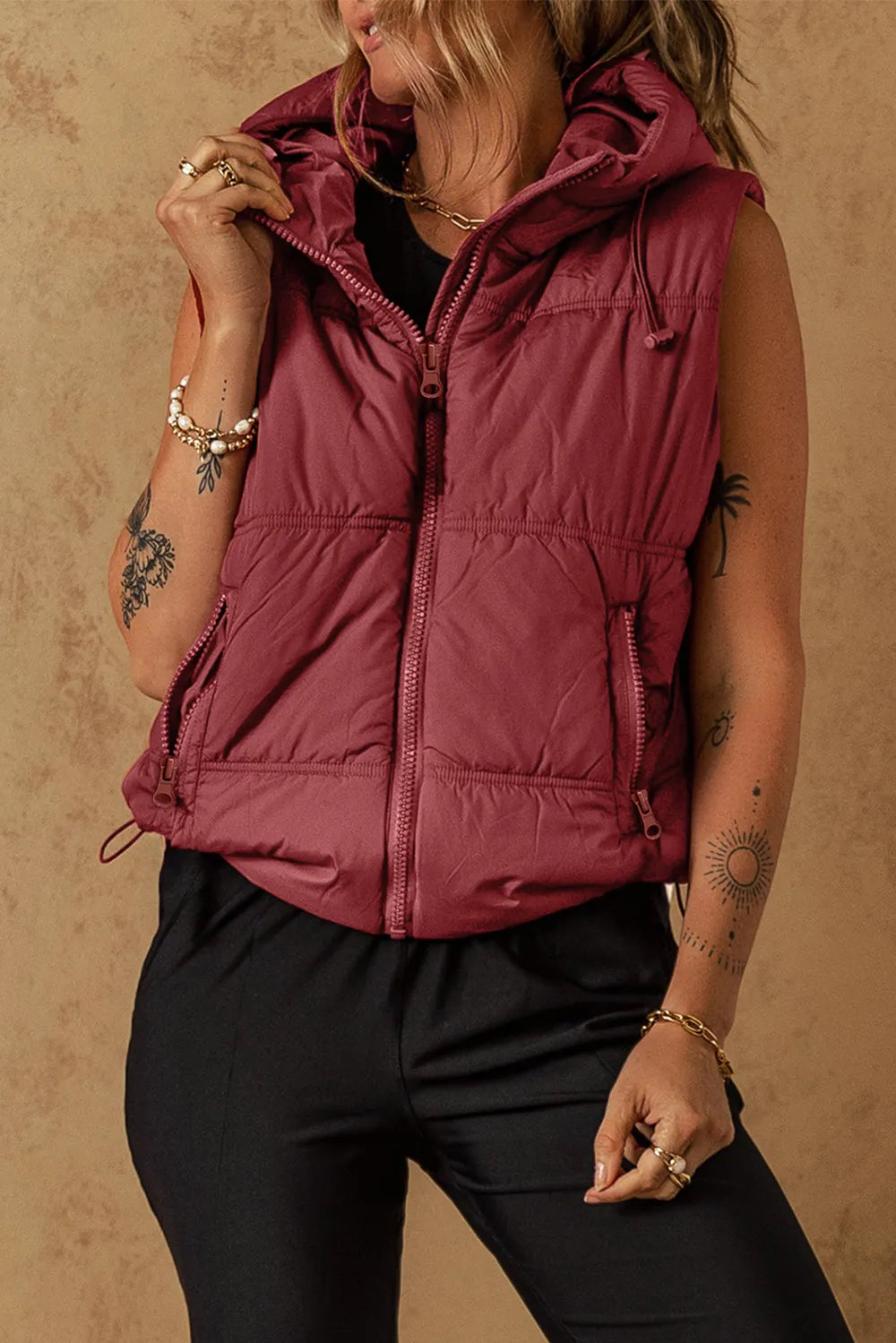 Drawstring Zip Up Hooded Vest Coat in Burgundy, view 5