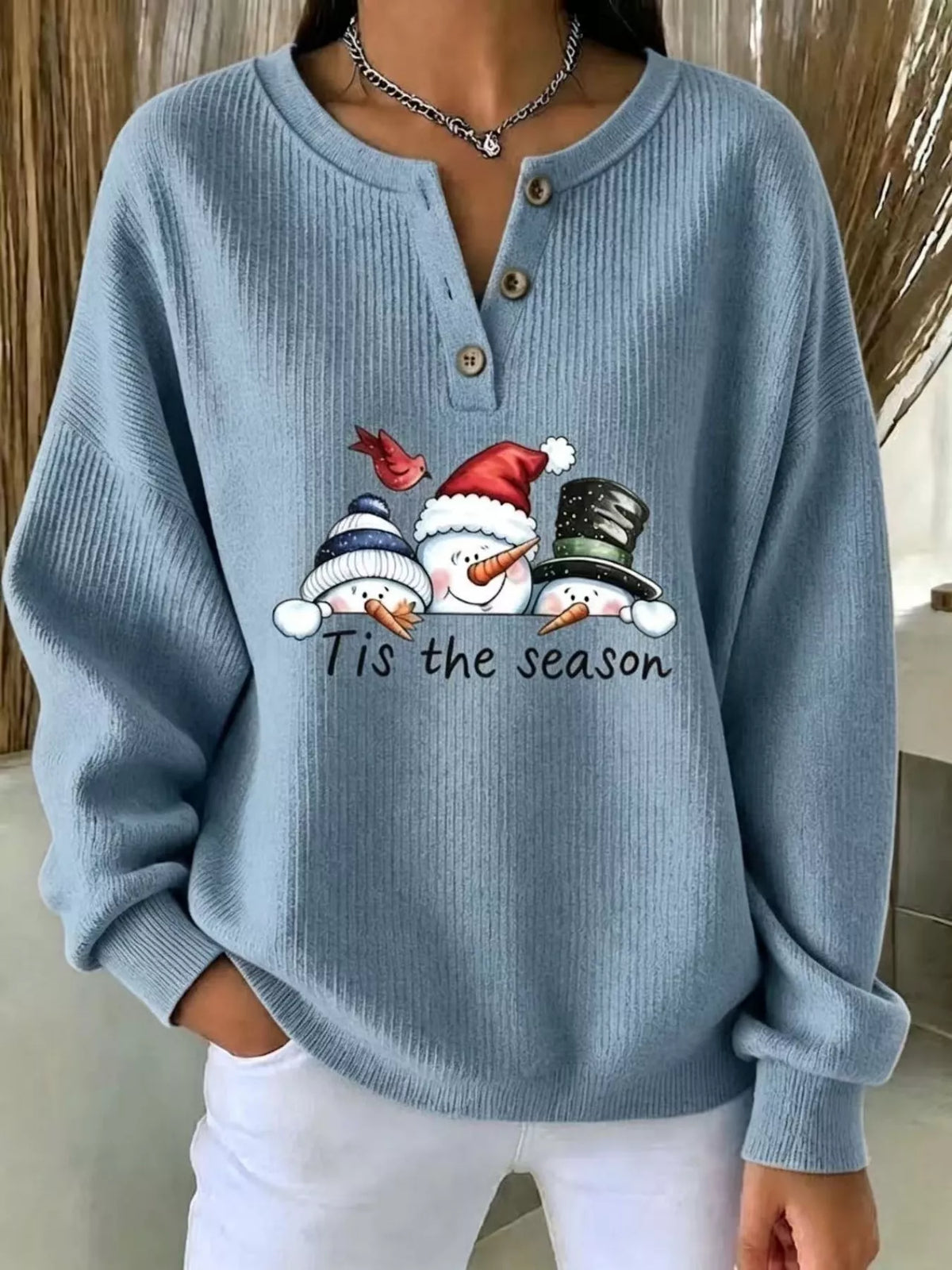 Full Size Christmas Themed Snowman Graphic Ribbed Henley Sweatshirt Plus Size in Air Force Blue
