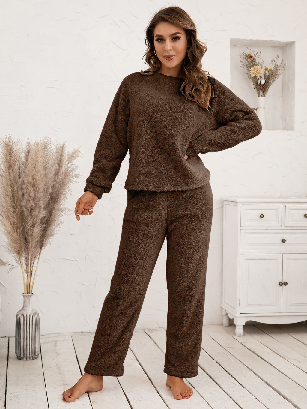 Ivy Lane Teddy Long Sleeve Top and Pants Lounge Set - Lilixa.store
