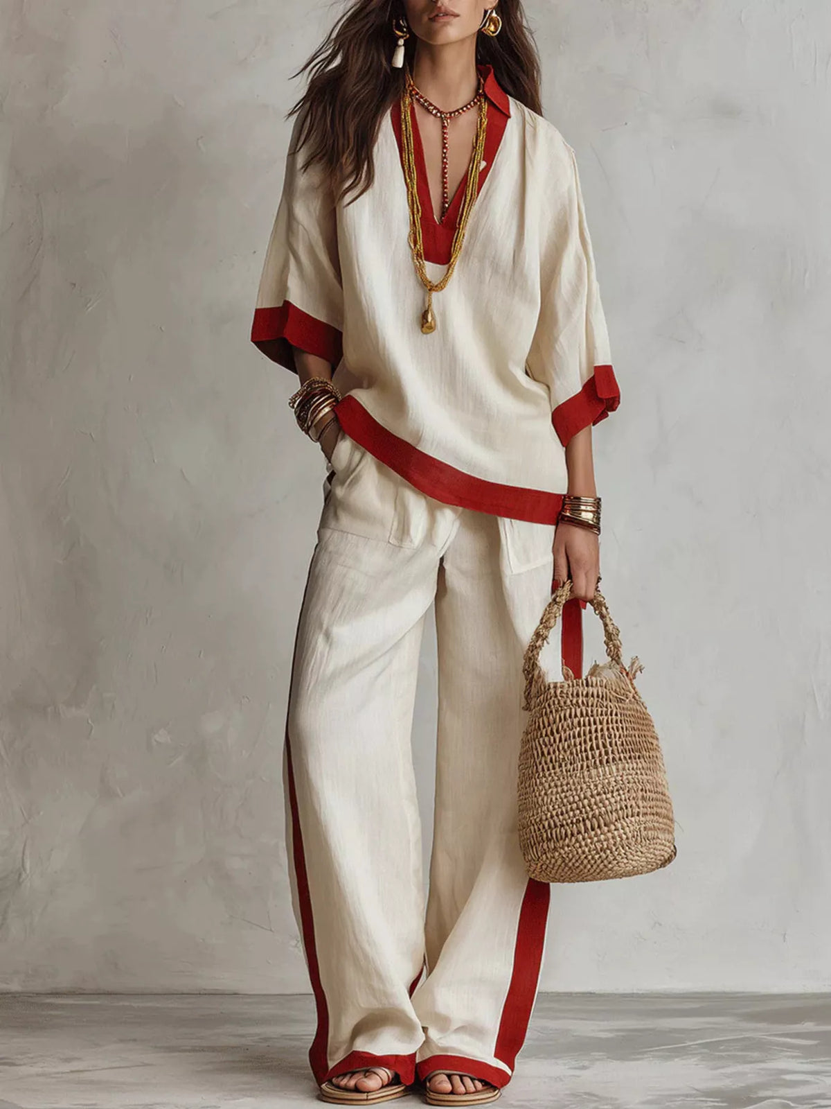 Full Size Contrast Trim Top and Wide Leg Pants Set Plus Size