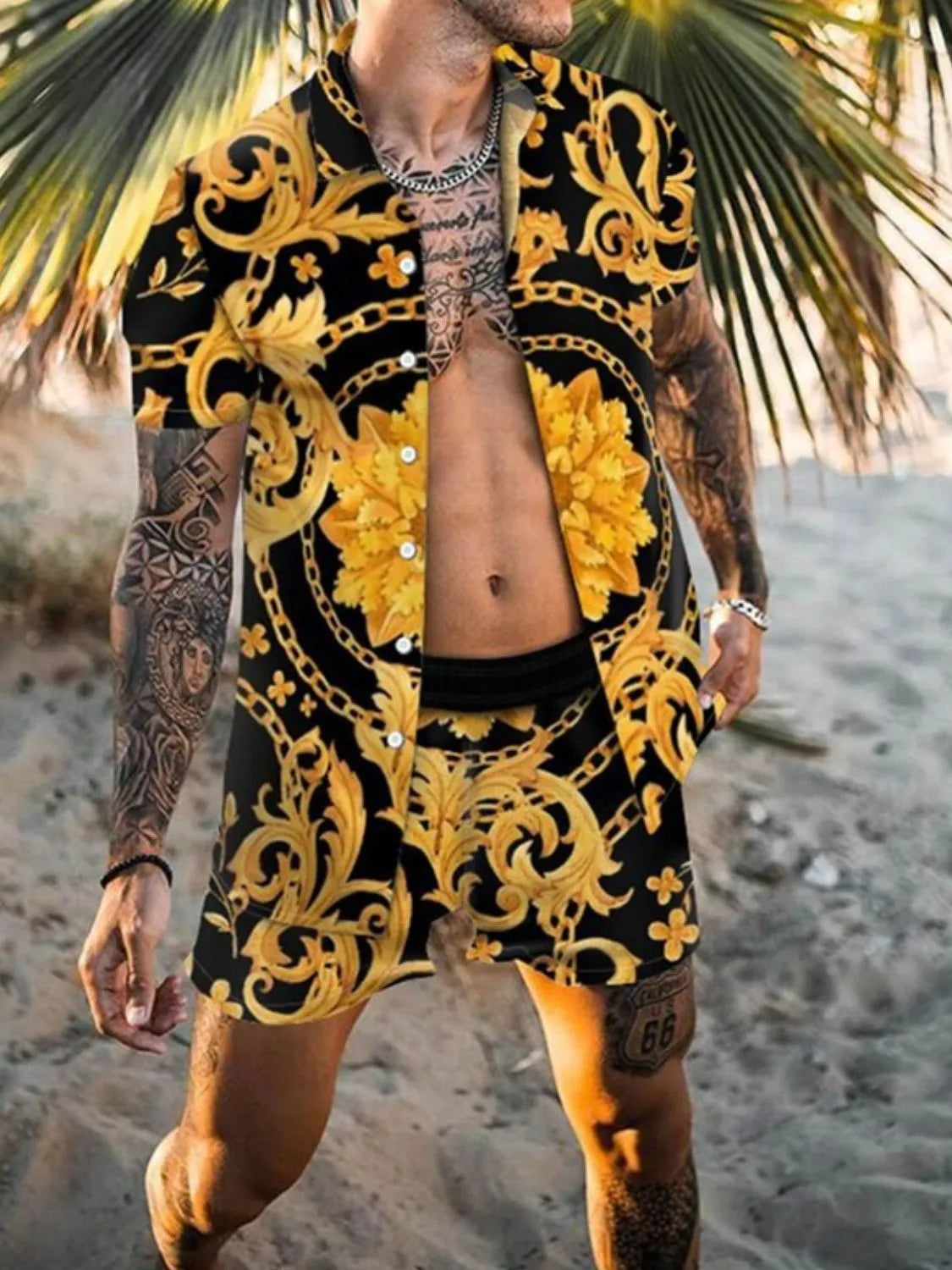 Men's Plus Size Printed Short Sleeve Shirt and Shorts Set in Gold