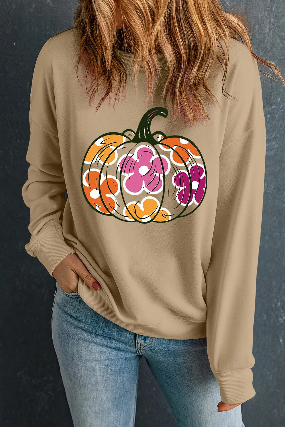 Pumpkin & Flower Graphic Long Sleeve Sweatshirt - Lilixa.store