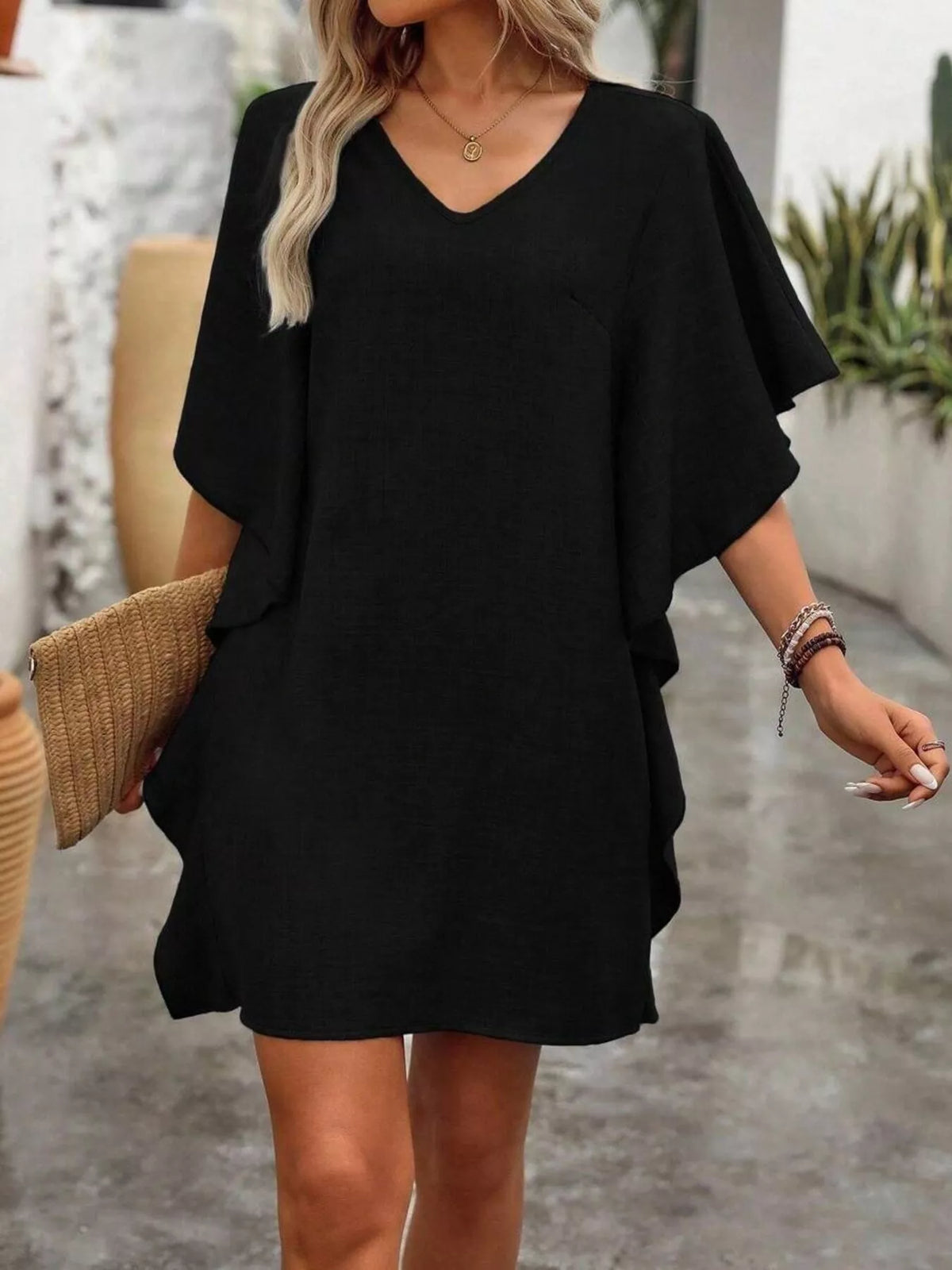 Ruffled Flutter Sleeve V-Neck Mini Dress - Lilixa.store