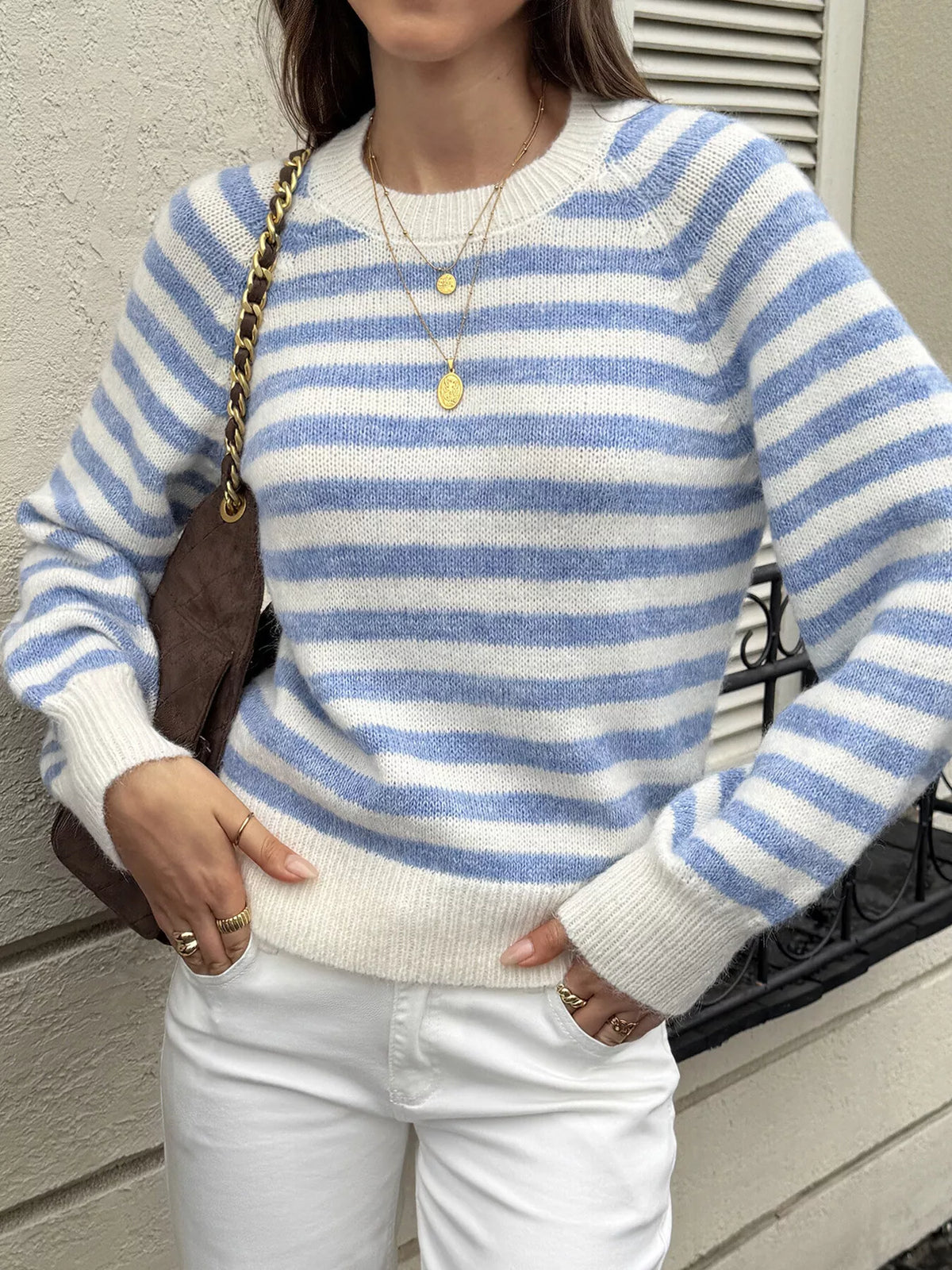 Striped Crew Neck Dropped Shoulder Sweater - Lilixa.store